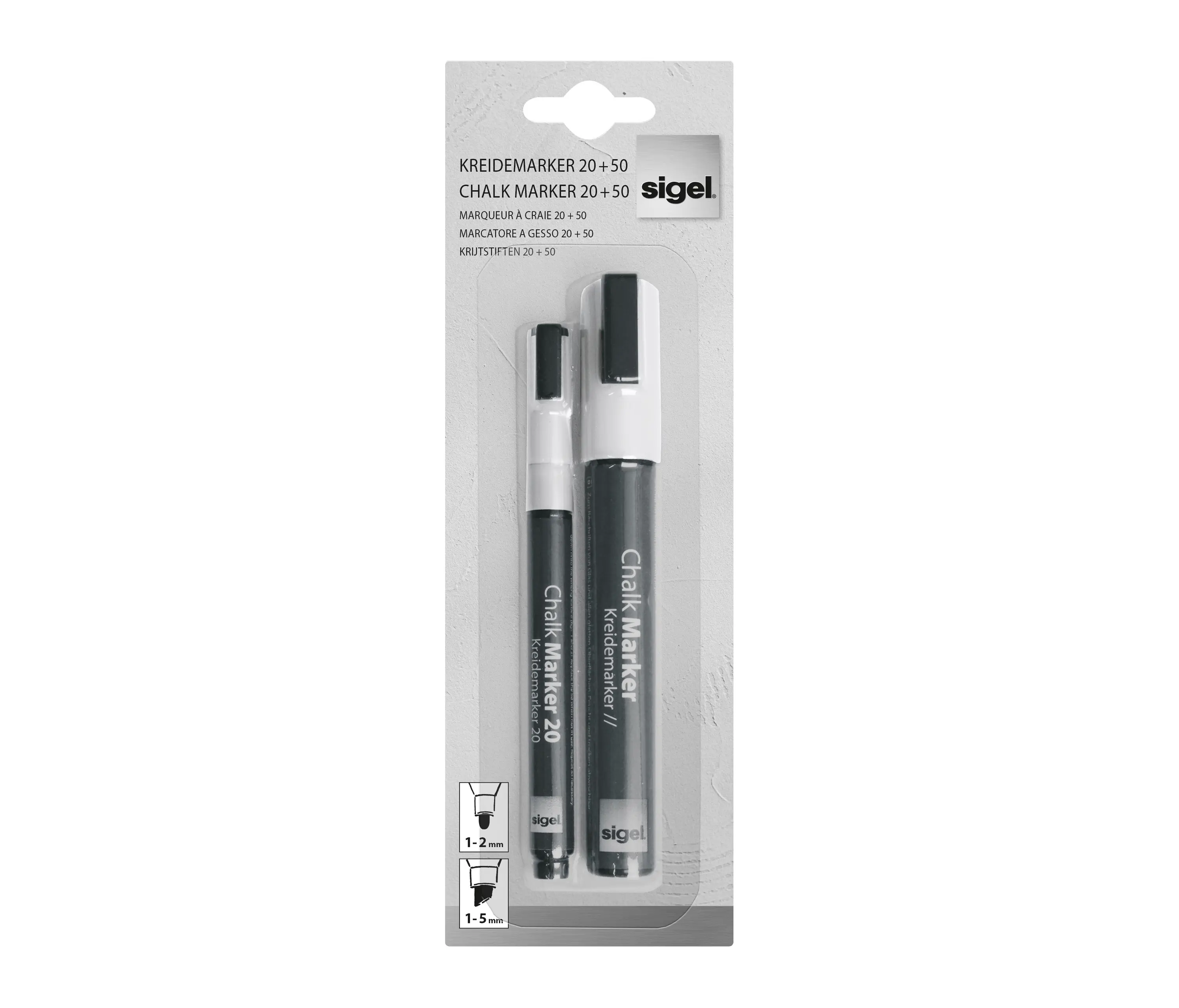 Sigel - Chalk markers 20 + 50, round nib, chisel tip, white, 2 pcs.