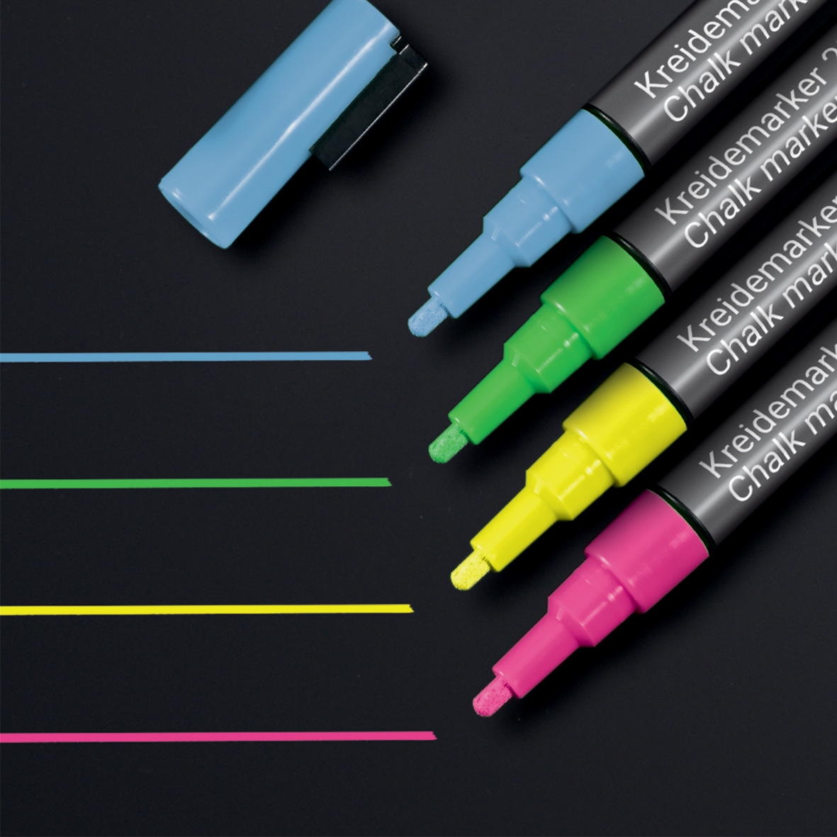 Display product Chalk markers 20, round nib, pink, yellow, green, blue, 4 pcs. from manufacturer Sigel
