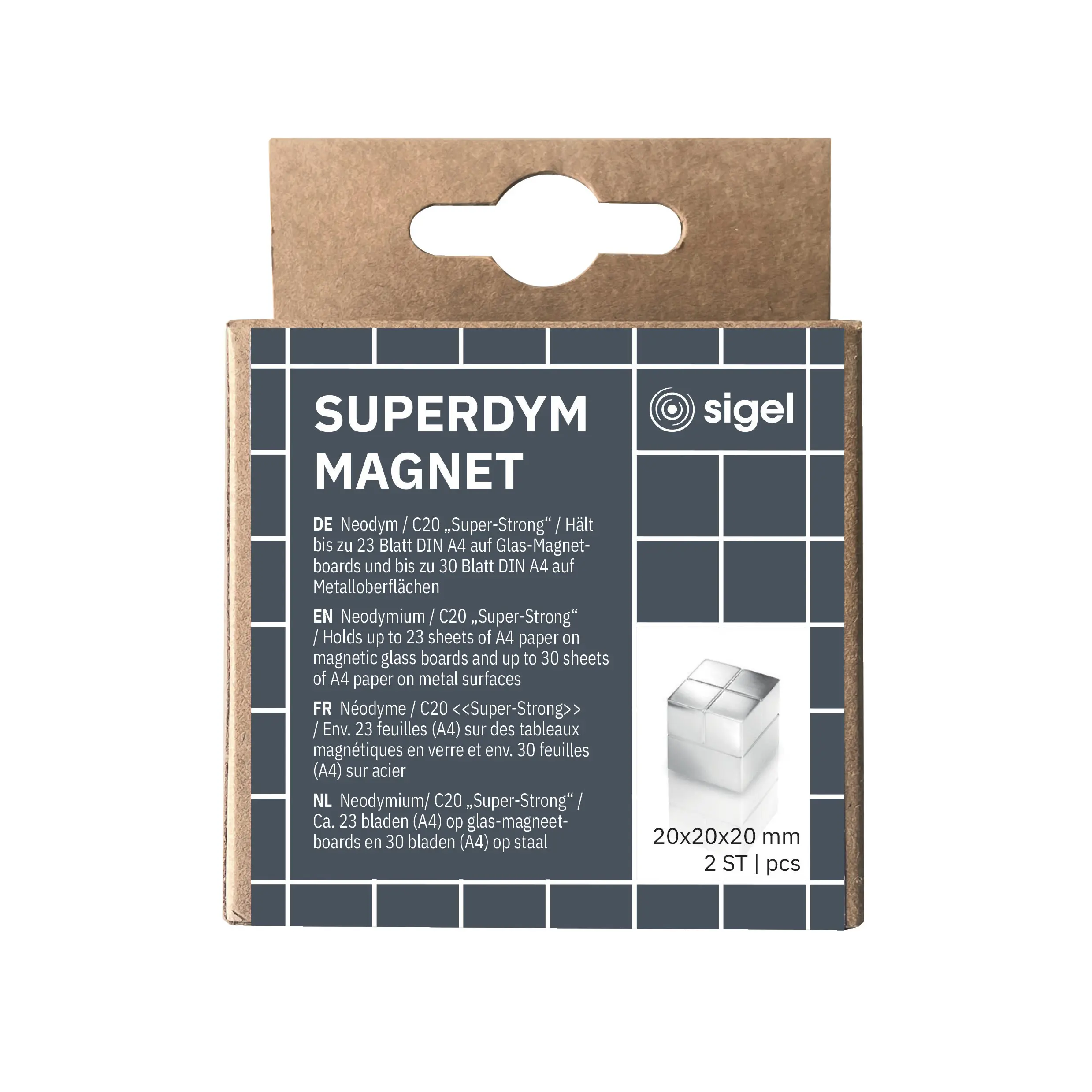 Sigel - SuperDym magnets C20 "Super-Strong", Cube-Design, silver, 2 pcs.