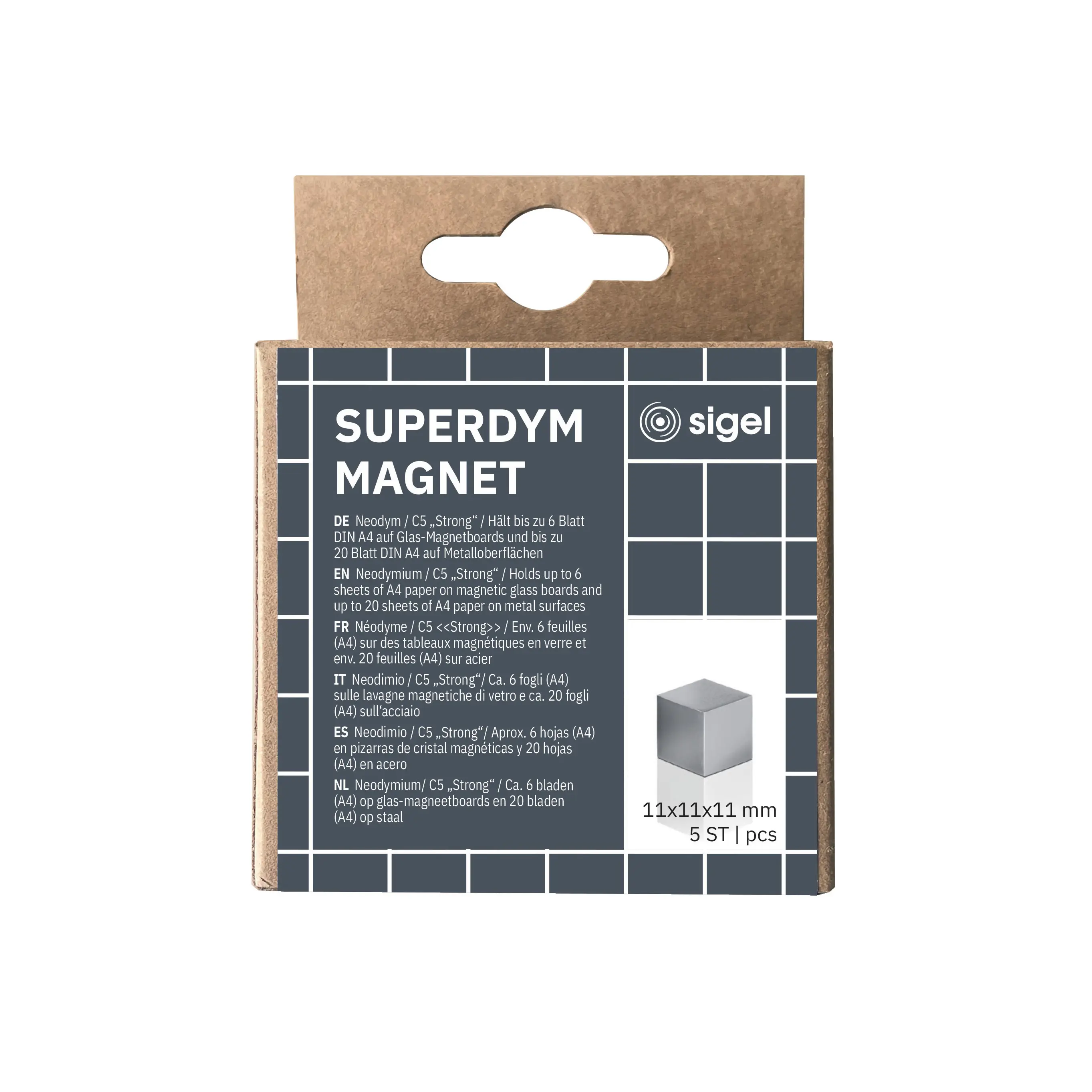 Sigel - SuperDym magnets C5 "Strong", Cube-Design, silver-grey, 5 pcs.