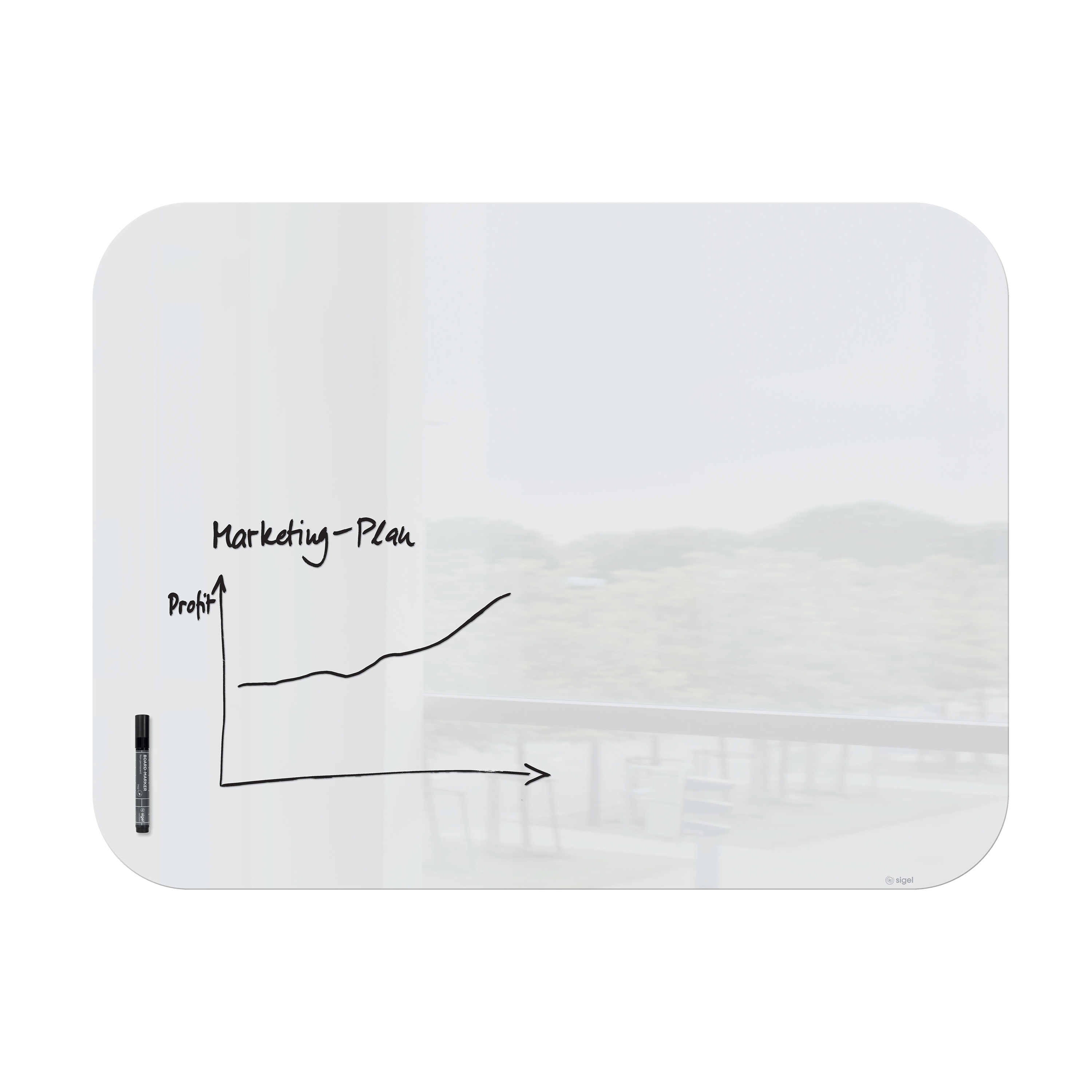 Vertoon produk Artverum glass whiteboard with rounded corners, white, 120 x 90 x 1 cm van vervaardiger Sigel