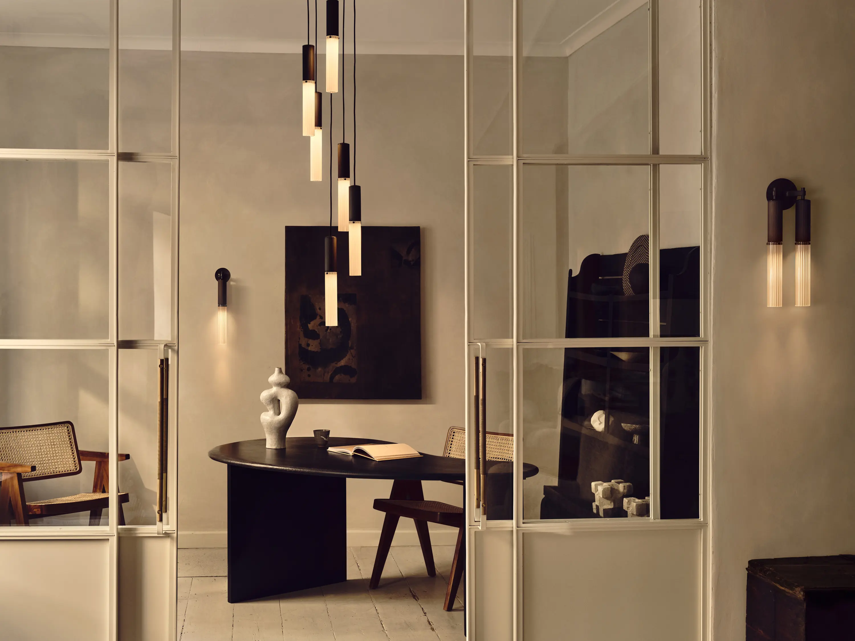 J. Adams & Co - Flume | 50 Pendant - 3 Drop Grouping - Antique Brass & Frosted Glass