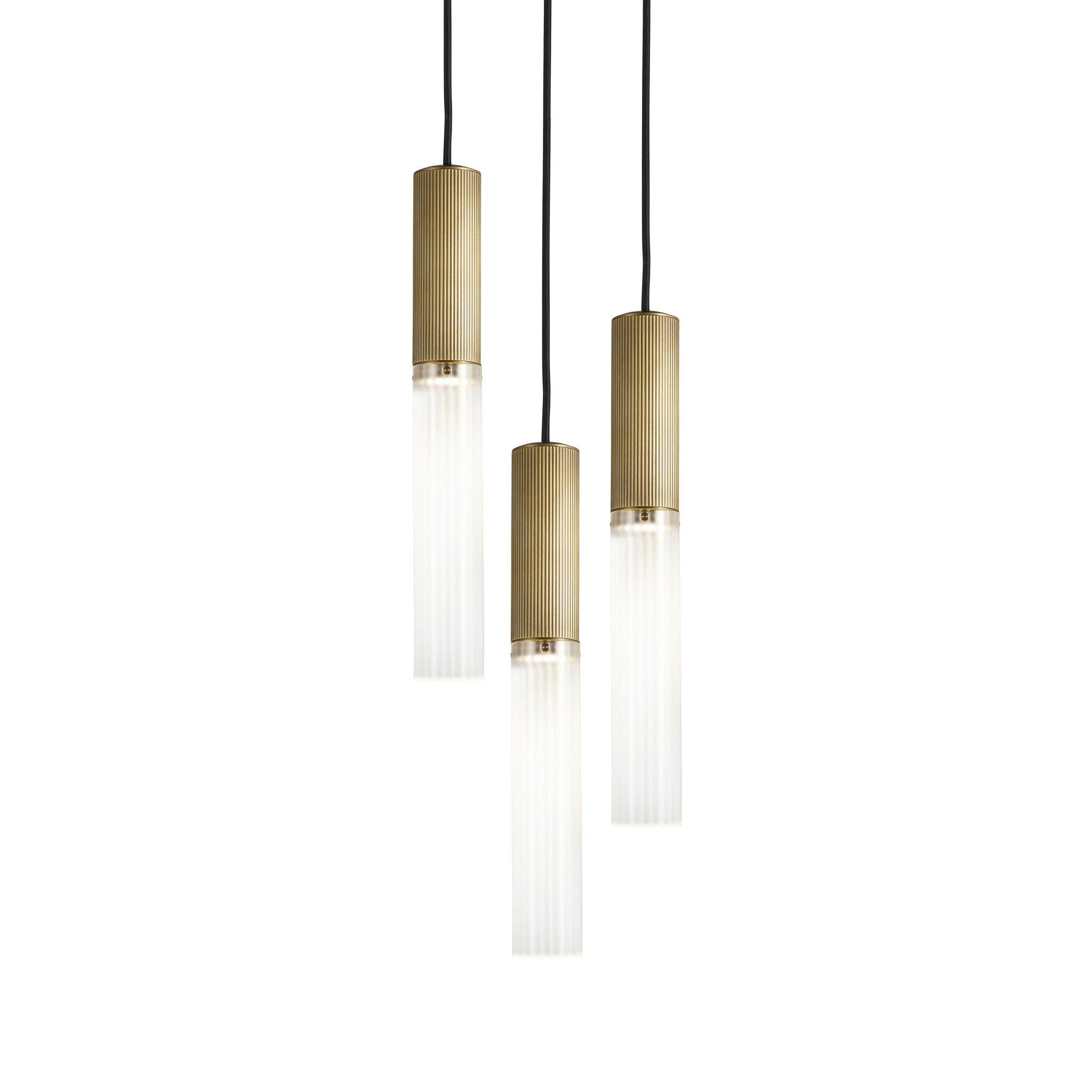 Mostra il prodotto Flume | 50 Pendant - 3 Drop Grouping - Antique Brass & Frosted Glass del produttore J. Adams & Co