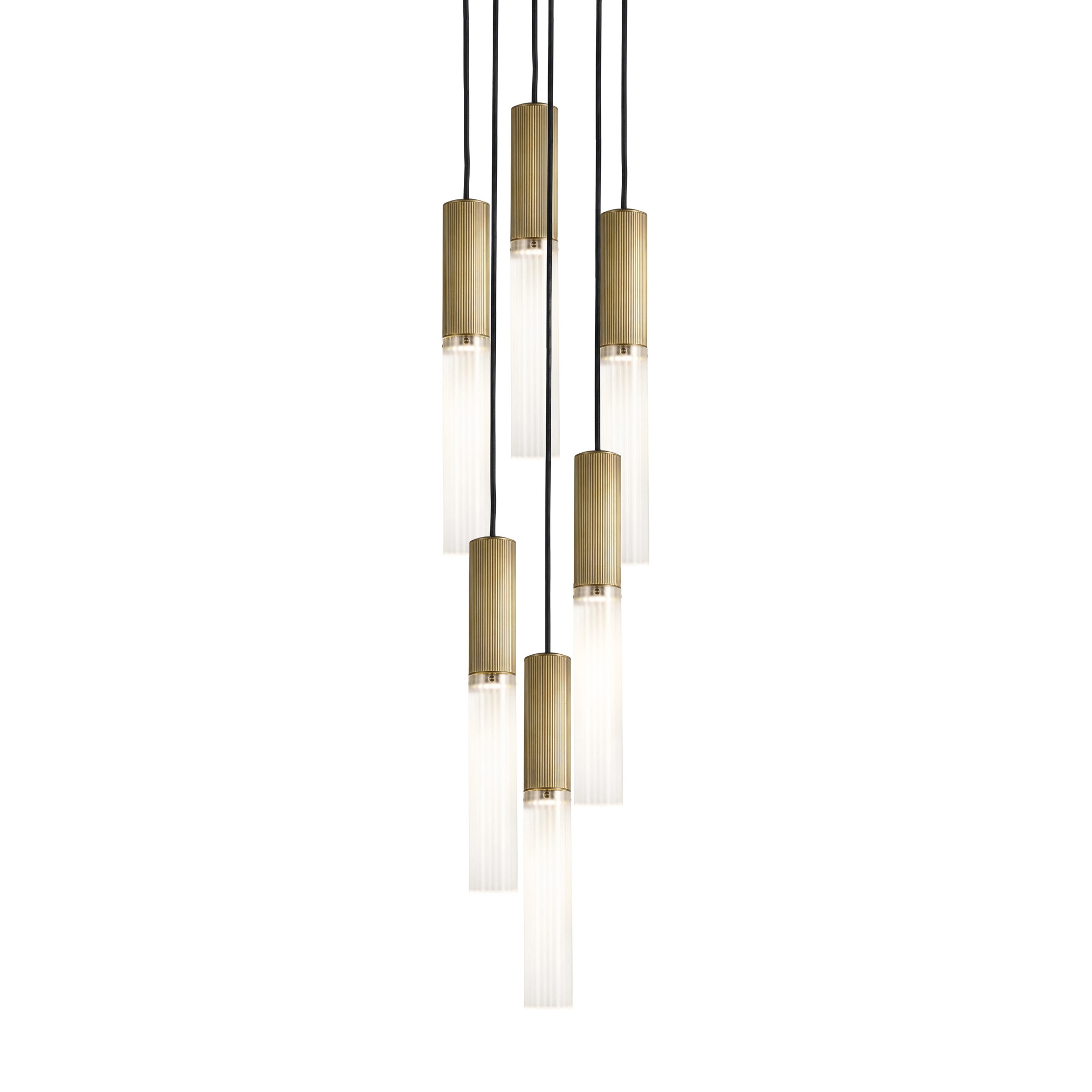 Flume | 50 Pendant - 6 Drop Grouping - Antique Brass & Frosted Glass
