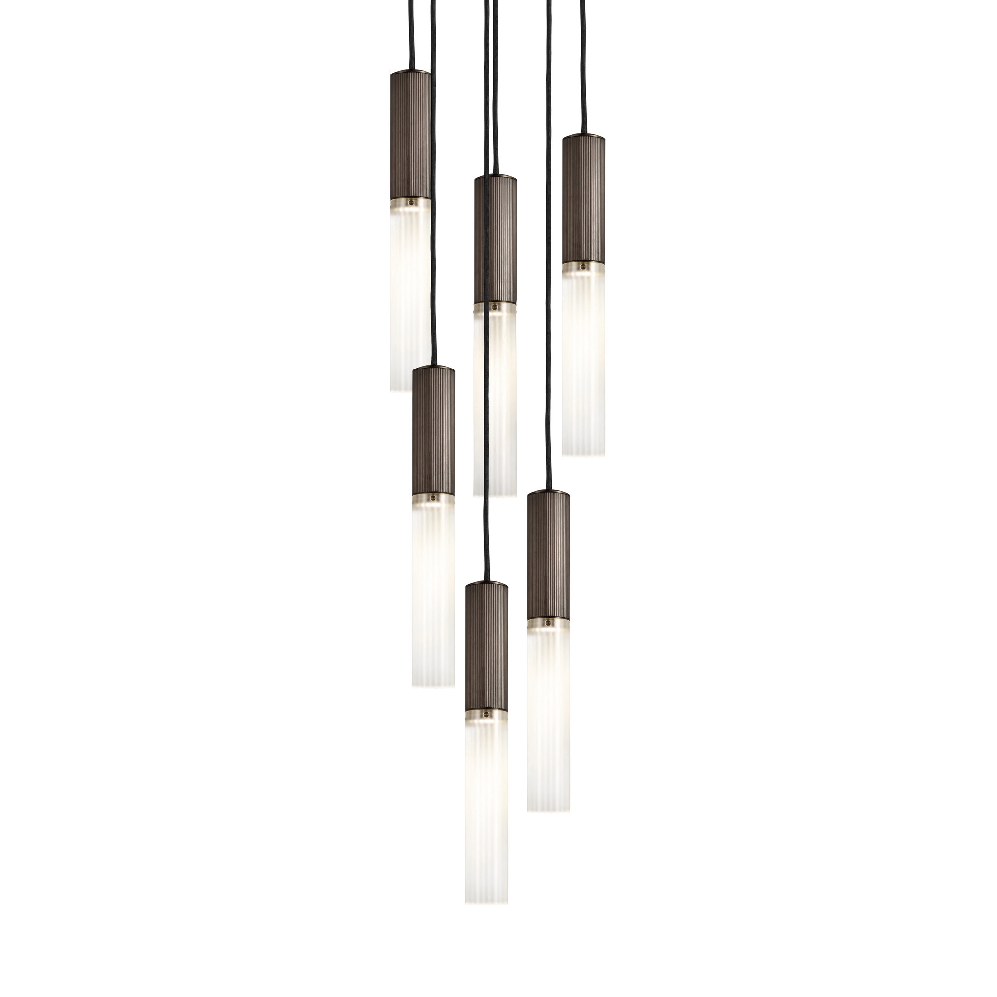 Flume | 50 Pendant - 6 Drop Grouping - Bronze & Frosted Glass