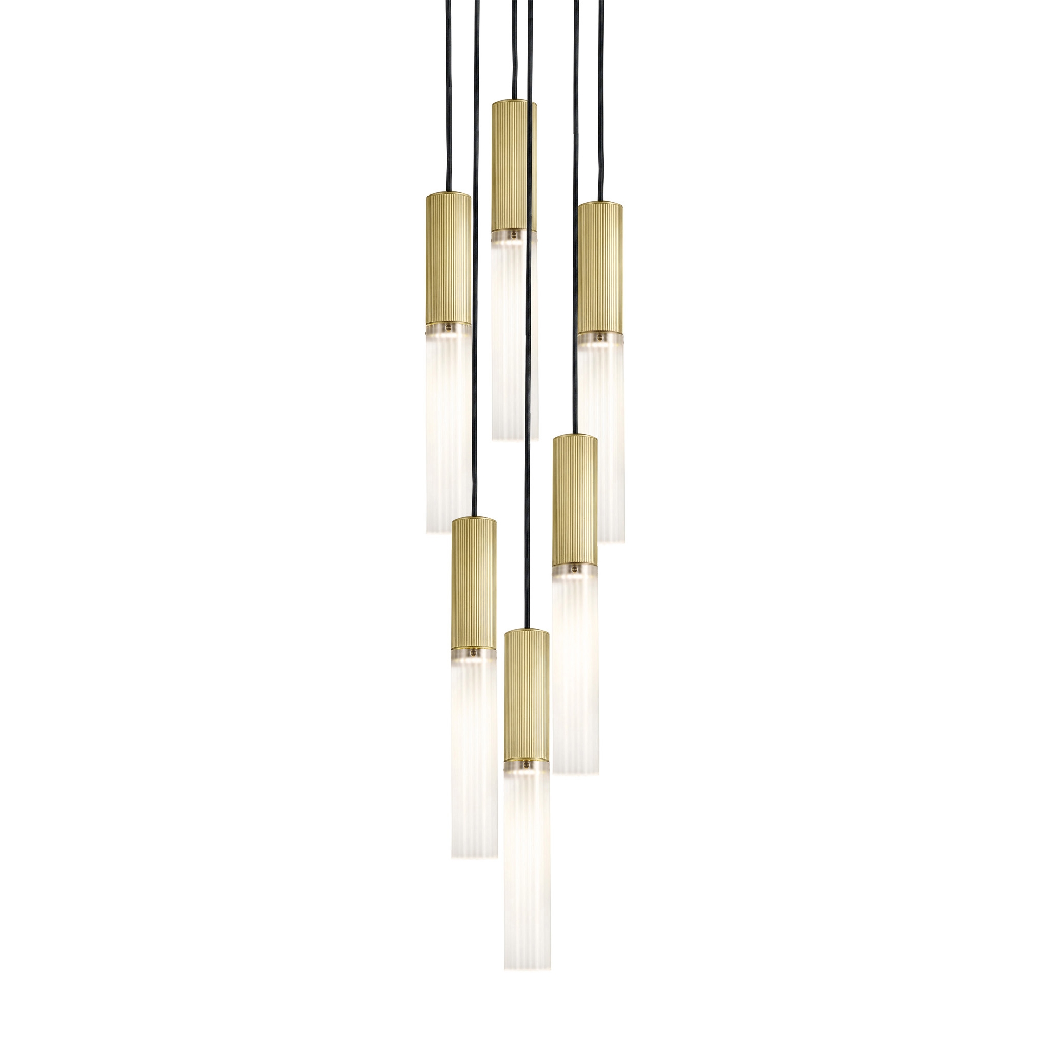Flume | 50 Pendant - 6 Drop Grouping - Satin Brass & Frosted Reeded Glass