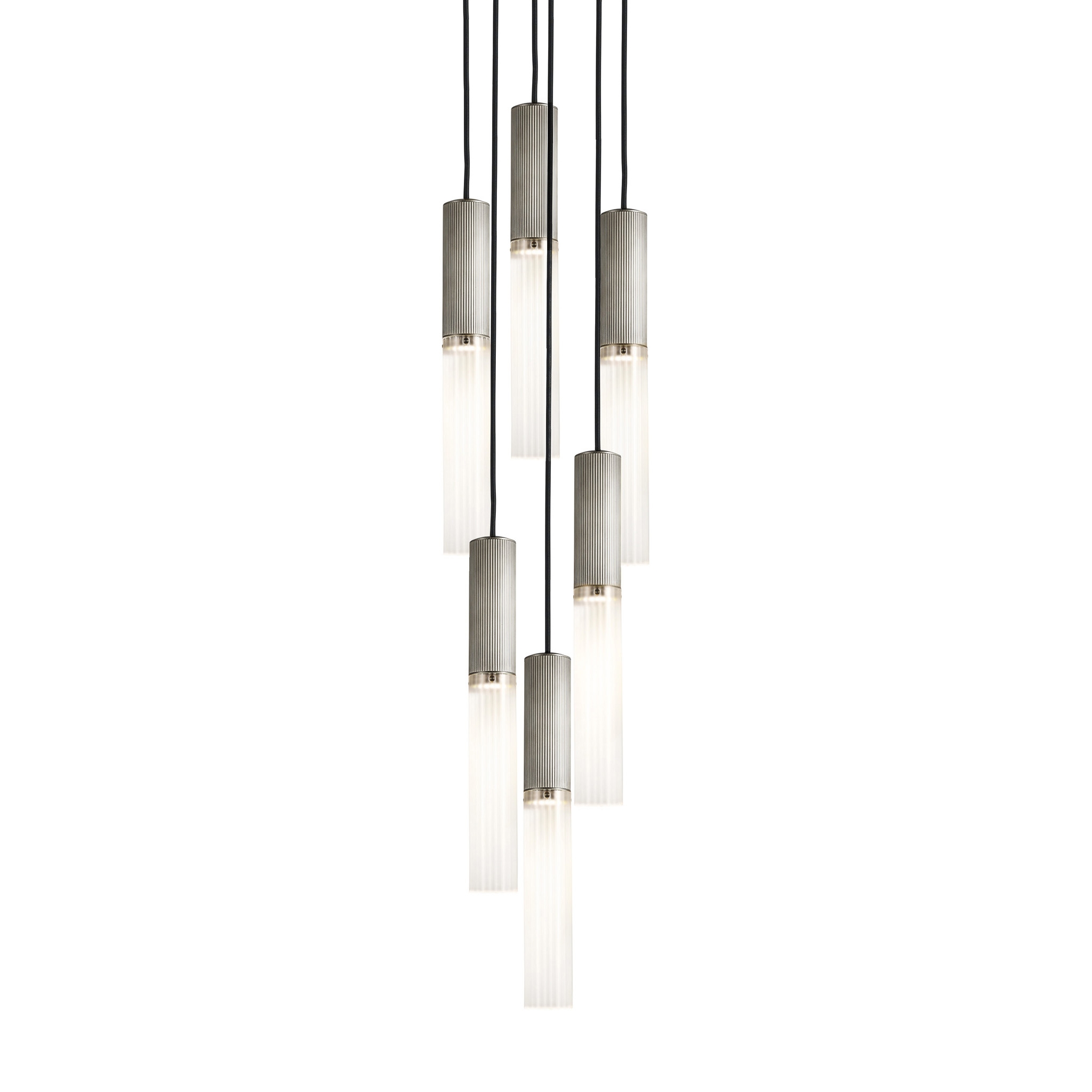 Mostrar el producto Flume | 50 Pendant - 6 Drop Grouping - Satin Nickel & Frosted Glass del fabricante J. Adams & Co