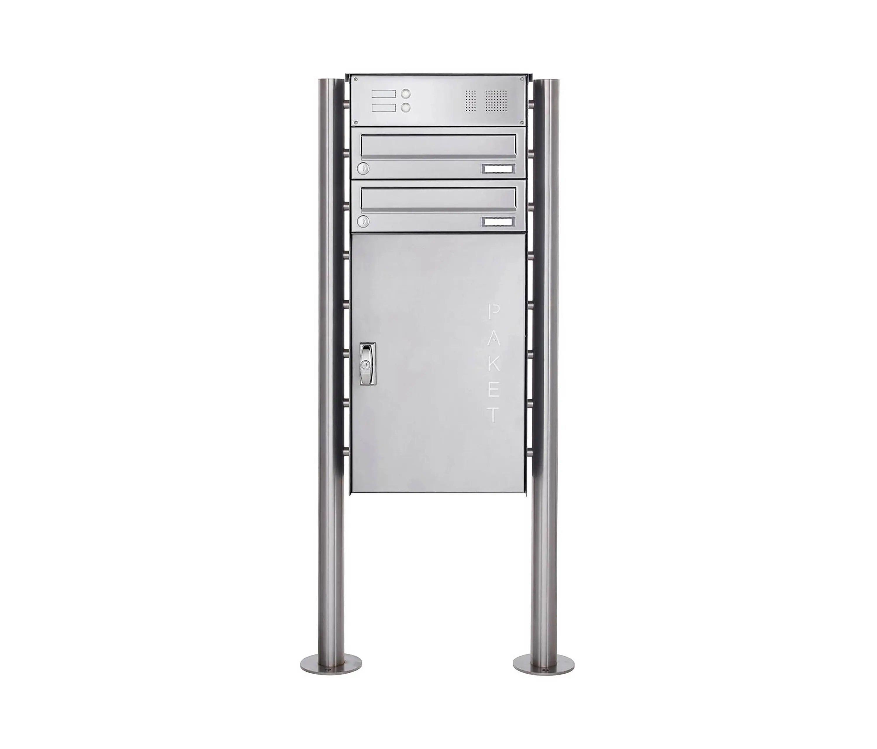 Briefkasten Manufaktur - Basic | 2er Edelstahl Paketbriefkasten freistehend BASIC 863 ST-R mit Klingelkasten & Paketfach 550x370