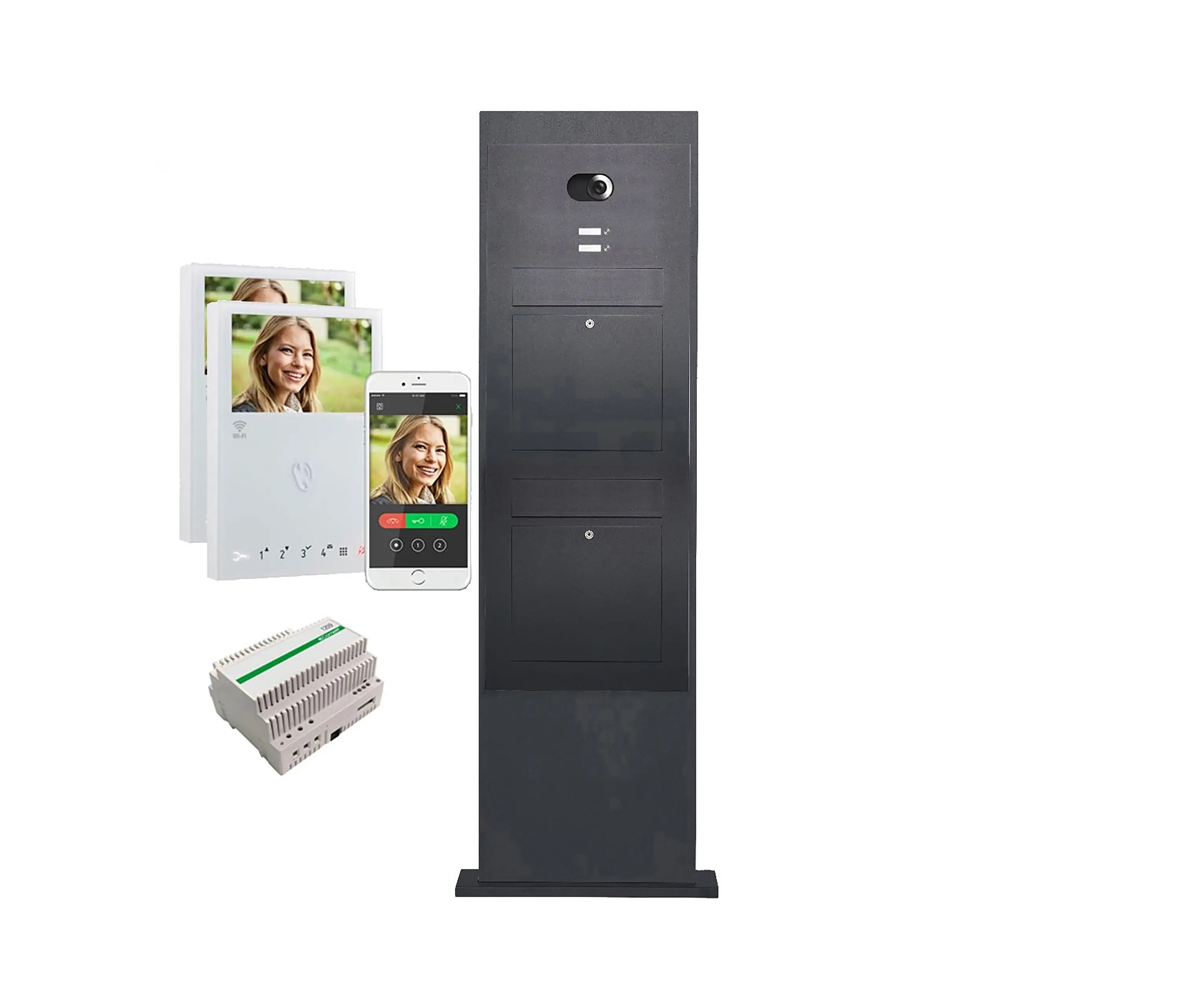 Briefkasten Manufaktur - Designer | 2er Edelstahl Briefkastensäule Designer BIG - RAL nach Wahl - Comelit VIDEO Komplettset Wifi