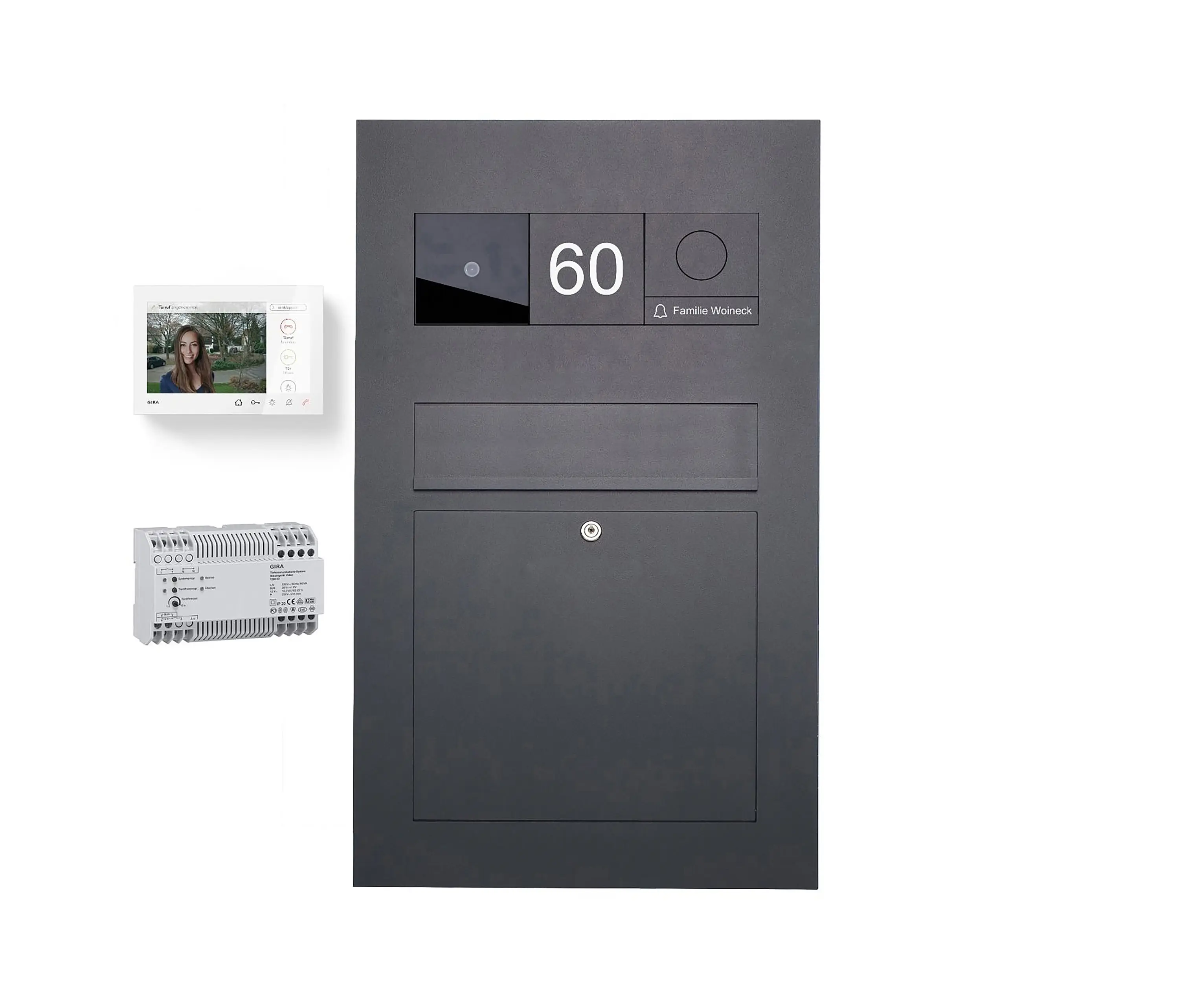 Briefkasten Manufaktur - Designer | Edelstahl Briefkasten Designer BIG - RAL nach Wahl - GIRA System 106 - VIDEO Komplettset Einputz- bzw. Unterputzvariante 100mm RAL 7016 anthrazitgrau feinstruktur matt