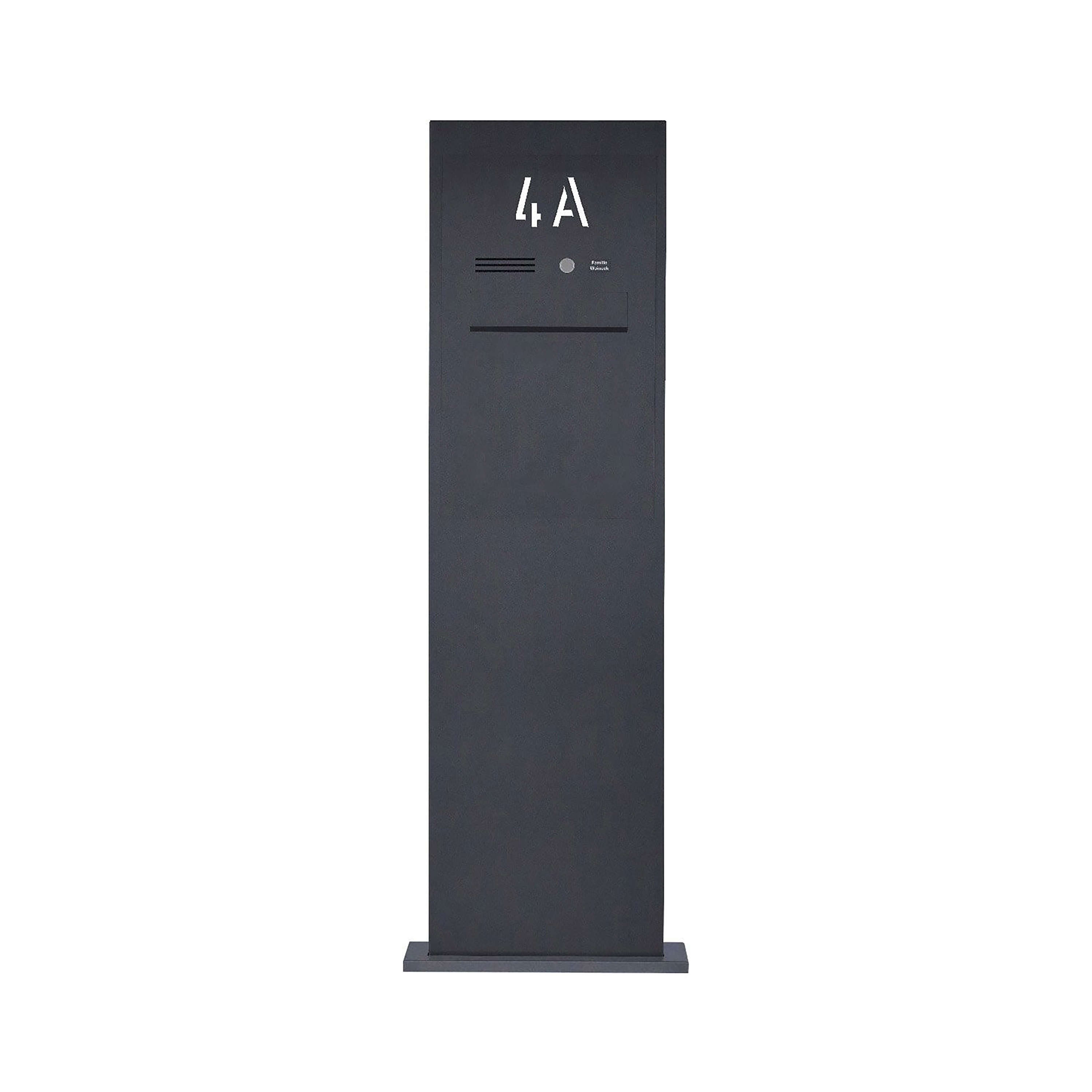 Designer | Edelstahl Briefkastensäule Designer BIG mit Hausnummer beleuchtet - Entnahme hinten - RAL nach Wahl