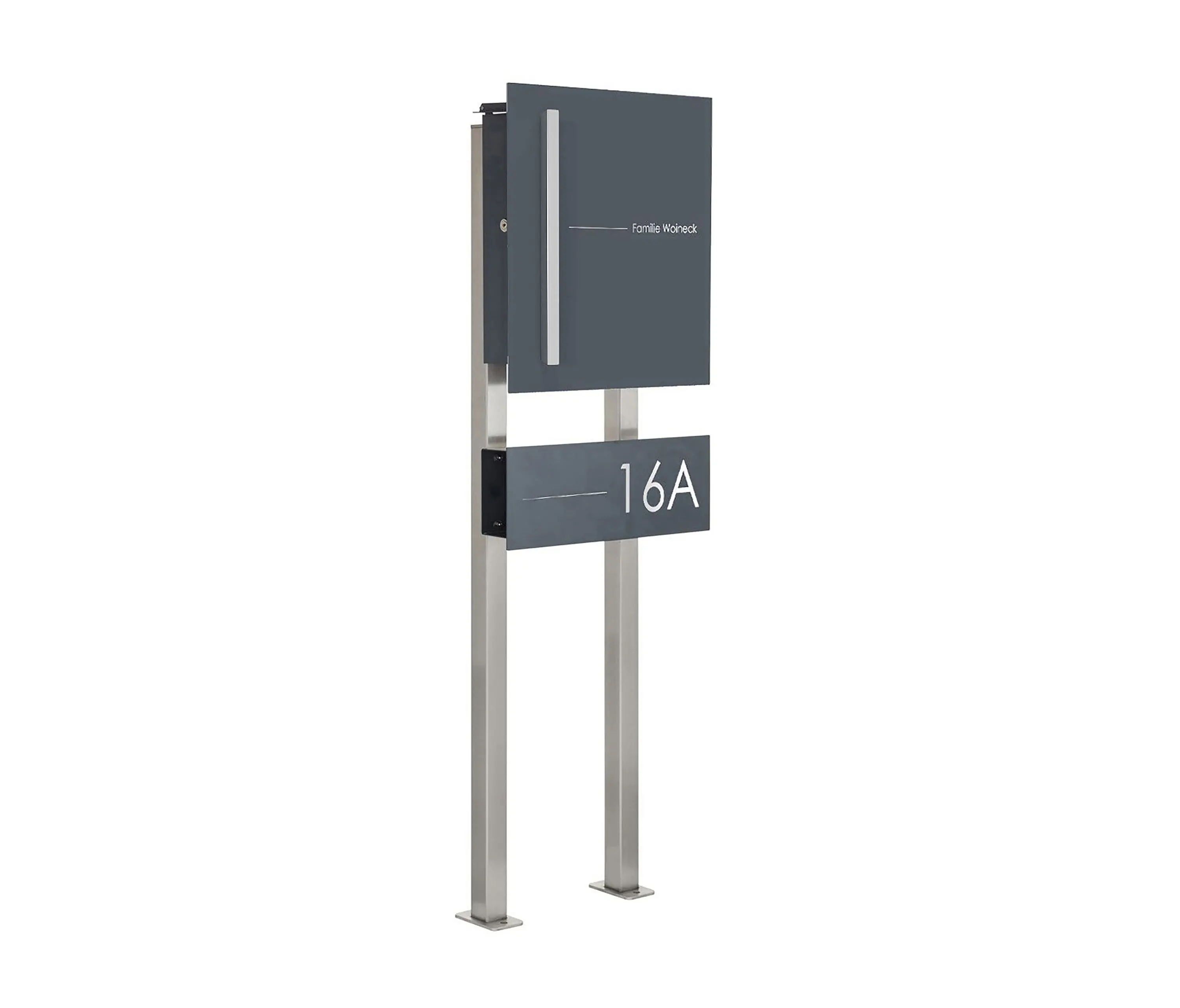 Briefkasten Manufaktur - Schiller | Design Edelstahl Standbriefkasten SCHILLER MEDIUM Elegance III - Griff - Hausnummer - Name - RAL