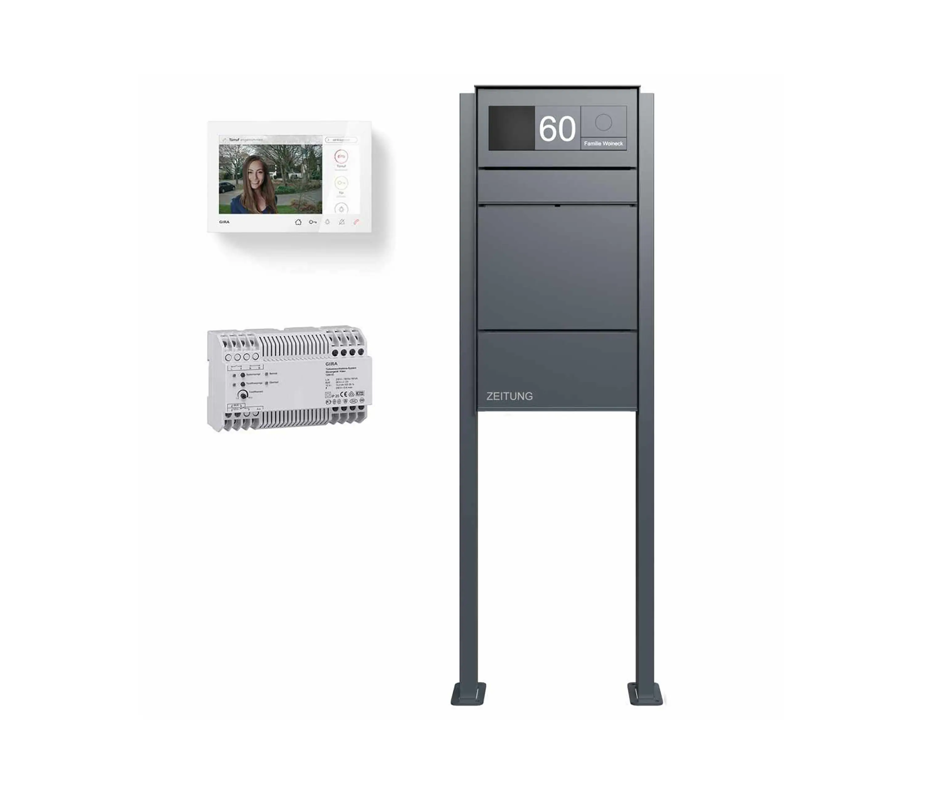 Briefkasten Manufaktur - Goethe | Design Standbriefkasten GOETHE ST-Q - Zeitungsfach - RAL Farbe - GIRA System 106 - VIDEO Komplettset