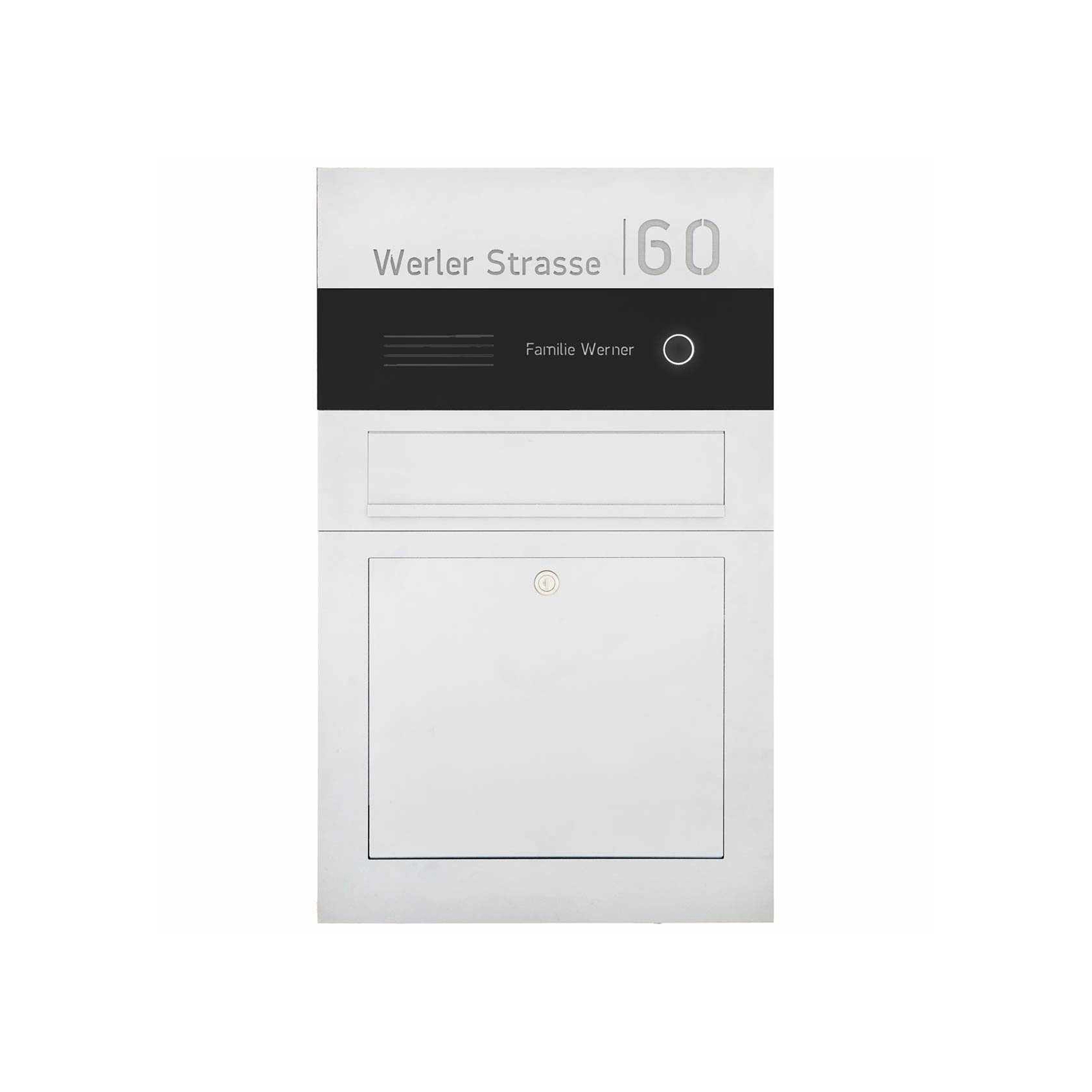 Display product Division | Stainless steel letterbox Division BIG - BI-Color Edition - Bell intercom - House number flush-mounted variant 100mm from manufacturer Briefkasten Manufaktur