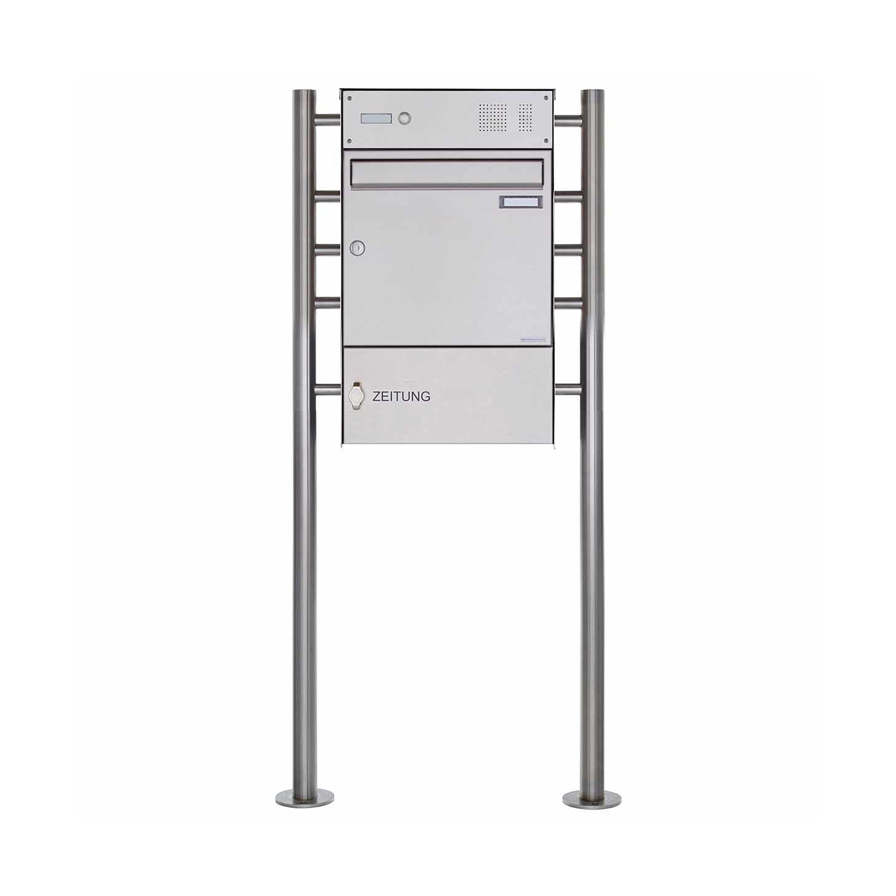 Display product 1er Standbriefkasten Design BASIC Plus 381X ST-R with bell box & newspaper compartment closed - V2A 100mm depth from manufacturer Briefkasten Manufaktur