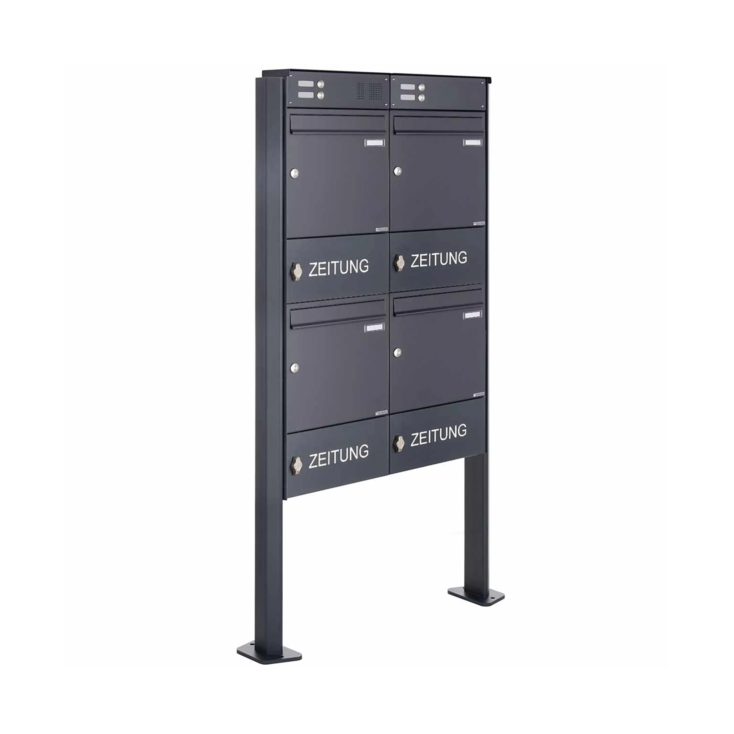 Briefkasten Manufaktur - 4er Standbriefkasten Design BASIC Plus 380X ST-T mit Klingelkasten & Zeitungsfach - RAL 100mm Tiefe
