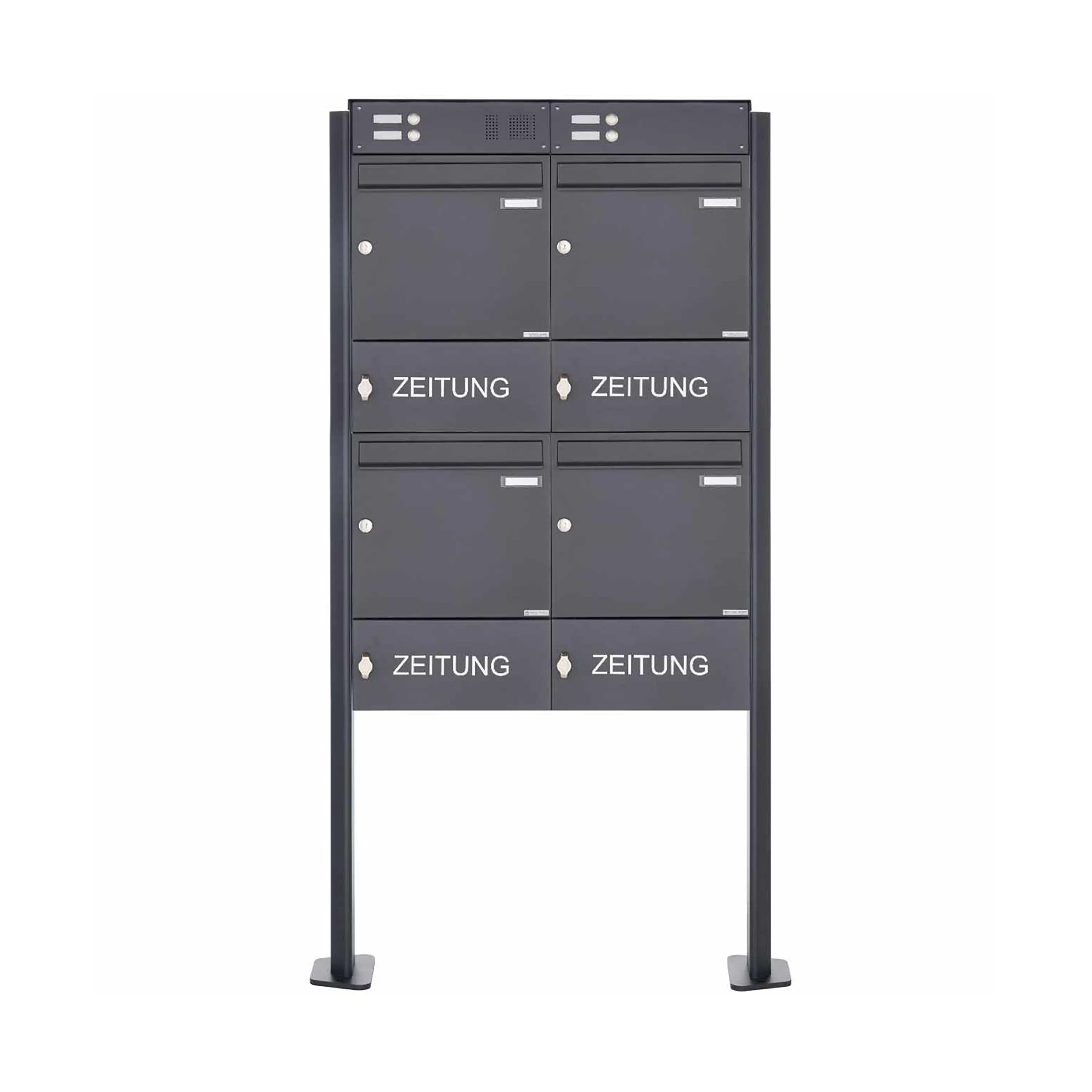 Briefkasten Manufaktur - 4er Standbriefkasten Design BASIC Plus 380X ST-T mit Klingelkasten & Zeitungsfach - RAL 100mm Tiefe