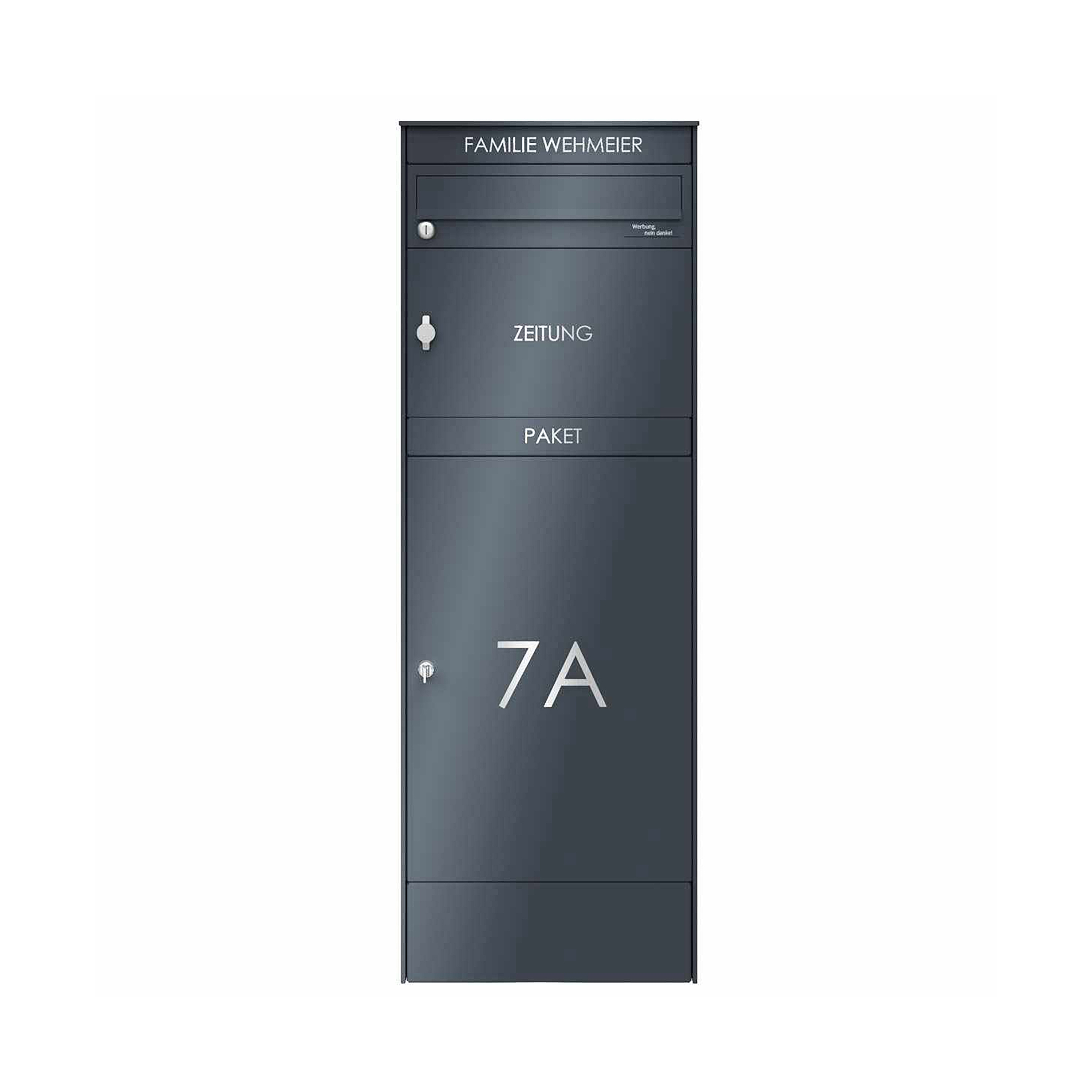 Display product Stainless steel parcel post box BASIC Plus 864XS with parcel compartment 550x370 & newspaper compartment - RAL colour from manufacturer Briefkasten Manufaktur