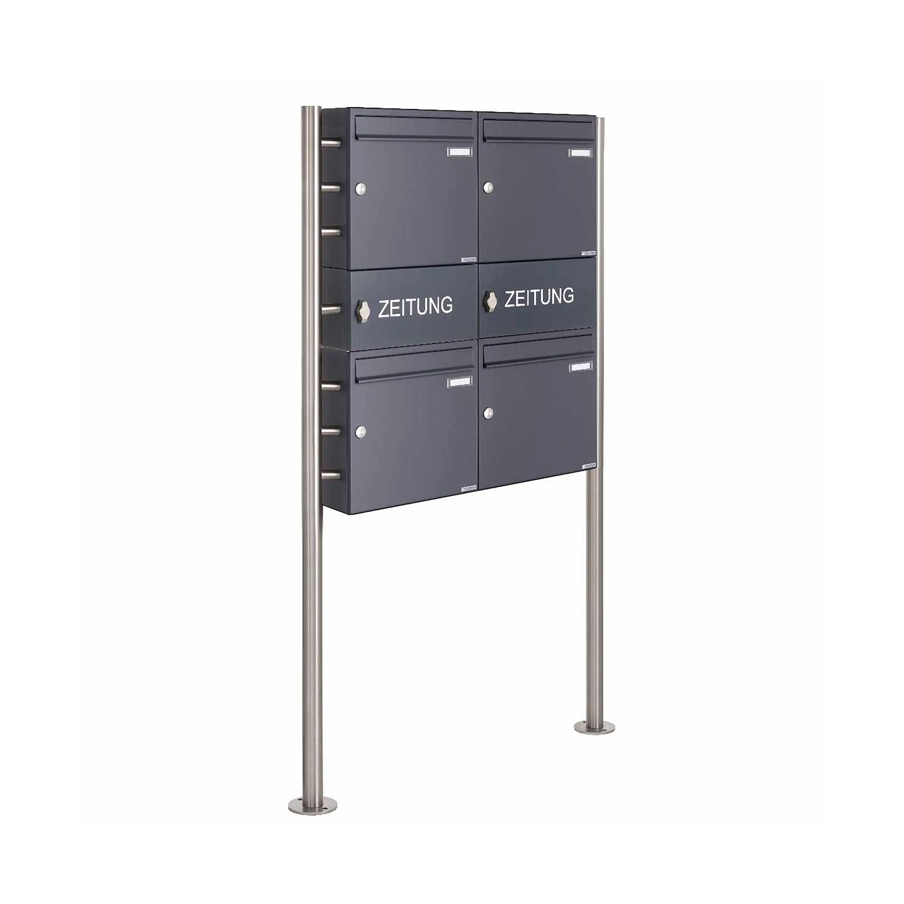 Briefkasten Manufaktur - Boîte aux lettres sur pied 4x2 Design BASIC 381 ST-R avec 2x casier à journaux fermé - RAL 7016 anthracite Profondeur en haut 100mm