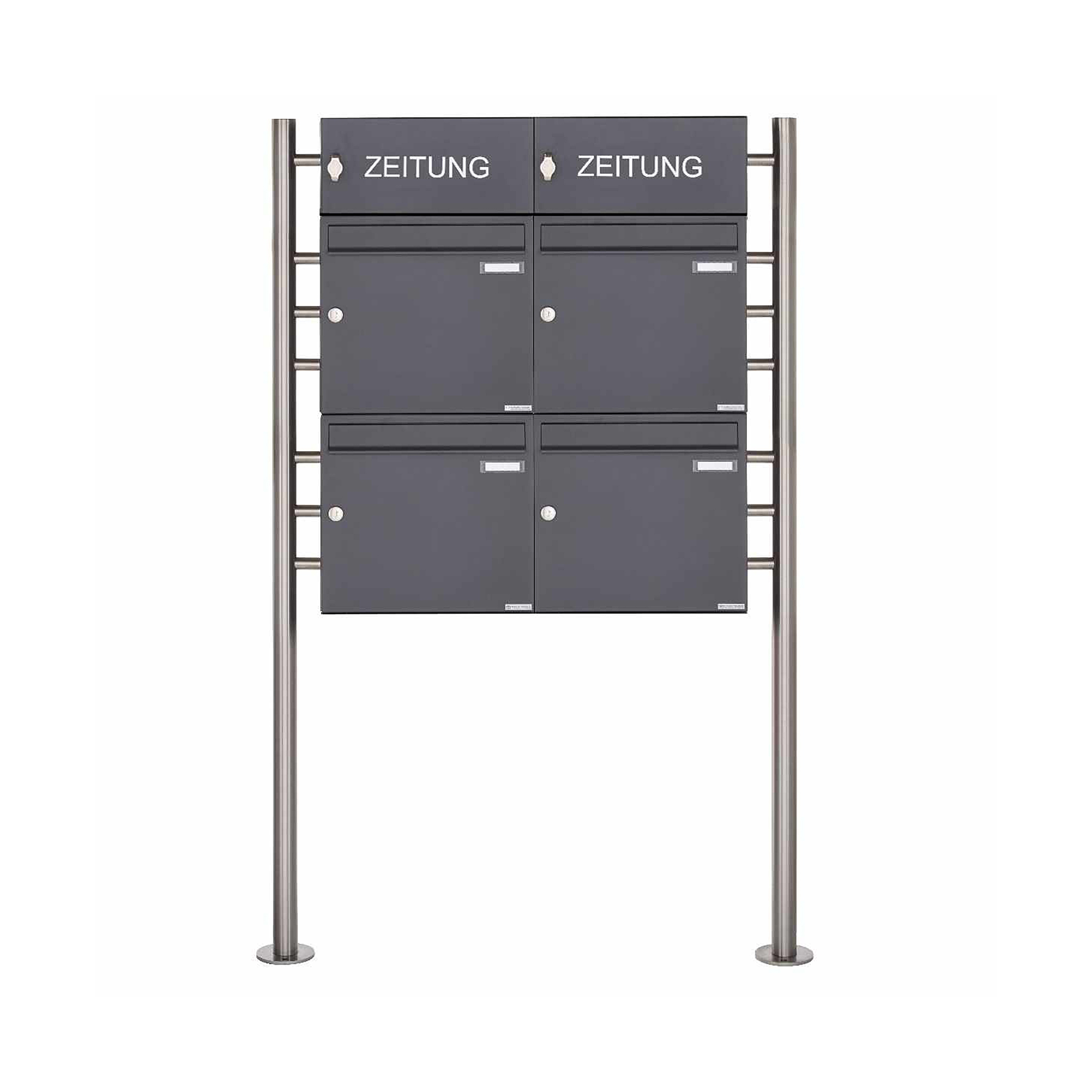 Mostra il prodotto 4er 2x2 Standbriefkasten Design BASIC 381 ST-R con 2 scomparti per giornali chiusi - RAL 7016 antracite Top 100 mm di profondità del produttore Briefkasten Manufaktur