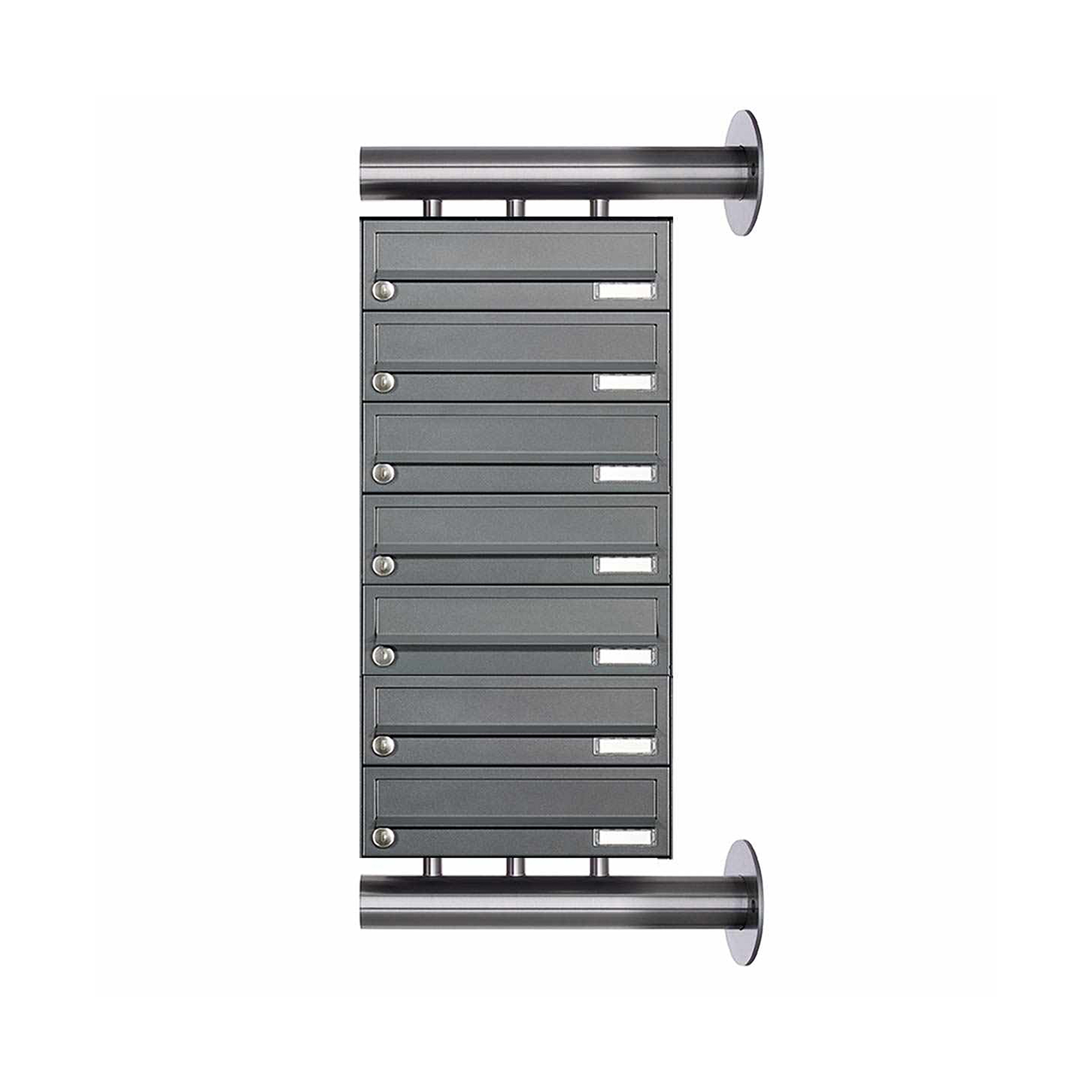 Mostra il prodotto Sistema di cassette per le lettere in acciaio inox a 7 pannelli Design BASIC Plus 385XW per montaggio laterale a parete - RAL a scelta del produttore Briefkasten Manufaktur