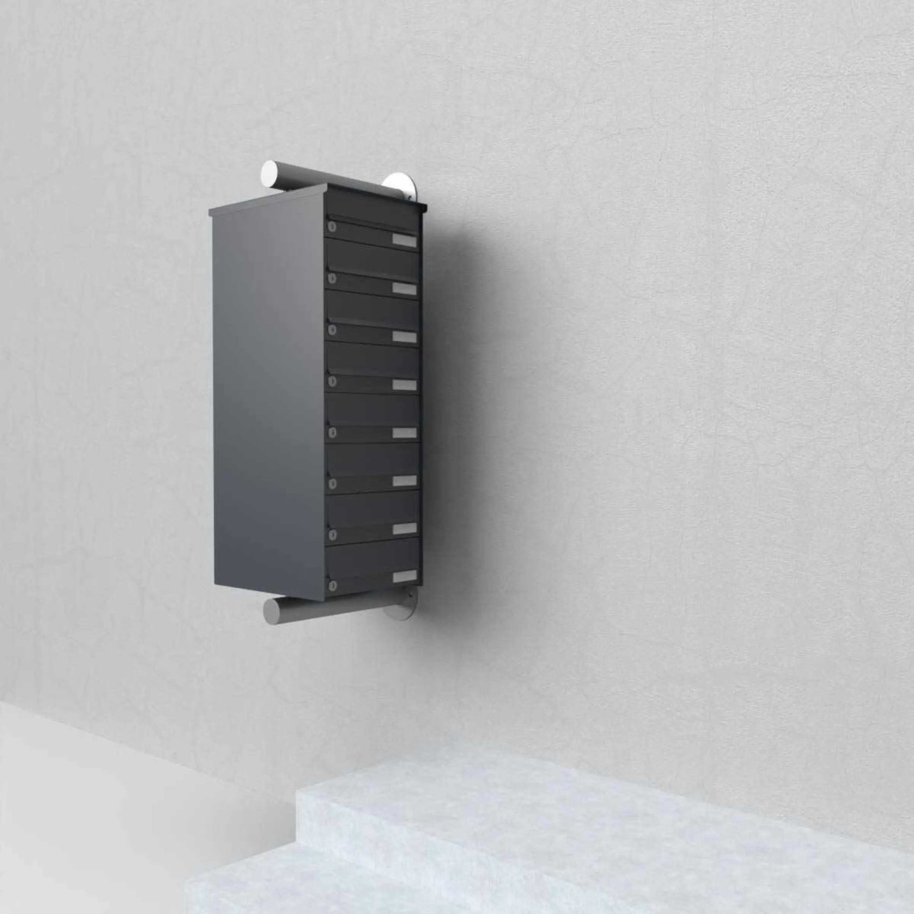 Briefkasten Manufaktur - Sistema di cassette per le lettere a 10 pezzi in acciaio inox Design BASIC Plus 385XW per montaggio laterale a parete - RAL a scelta