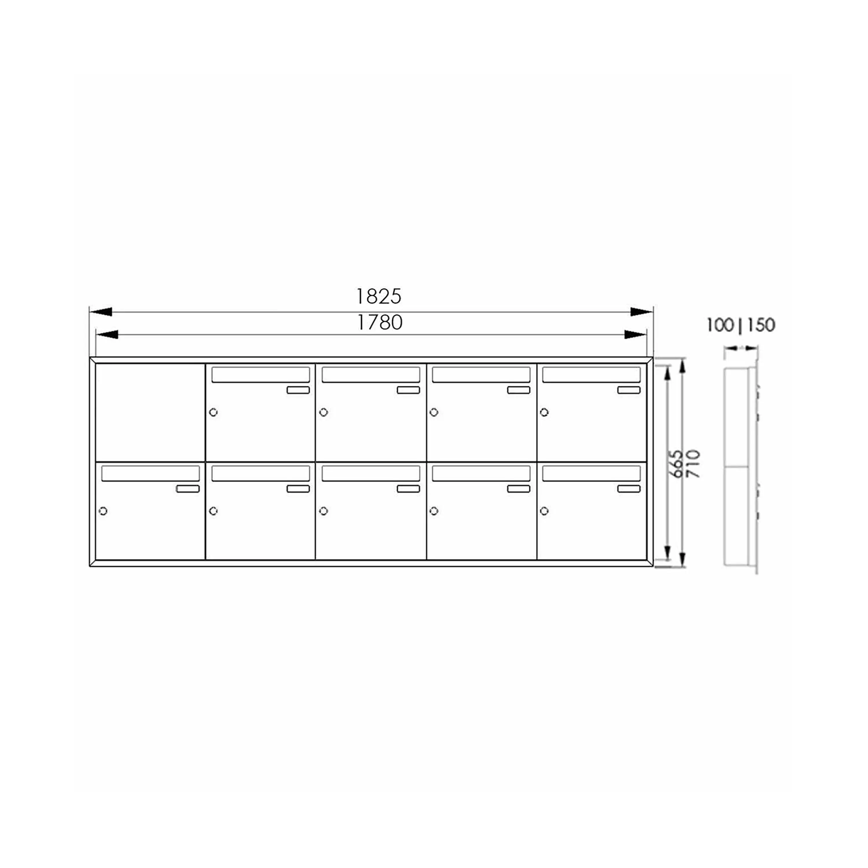 Briefkasten Manufaktur - 9er 5x2 cassetta per lettere da incasso BASIC Plus 382XU UP - acciaio inox lucido - profondità individuale destra 100 mm