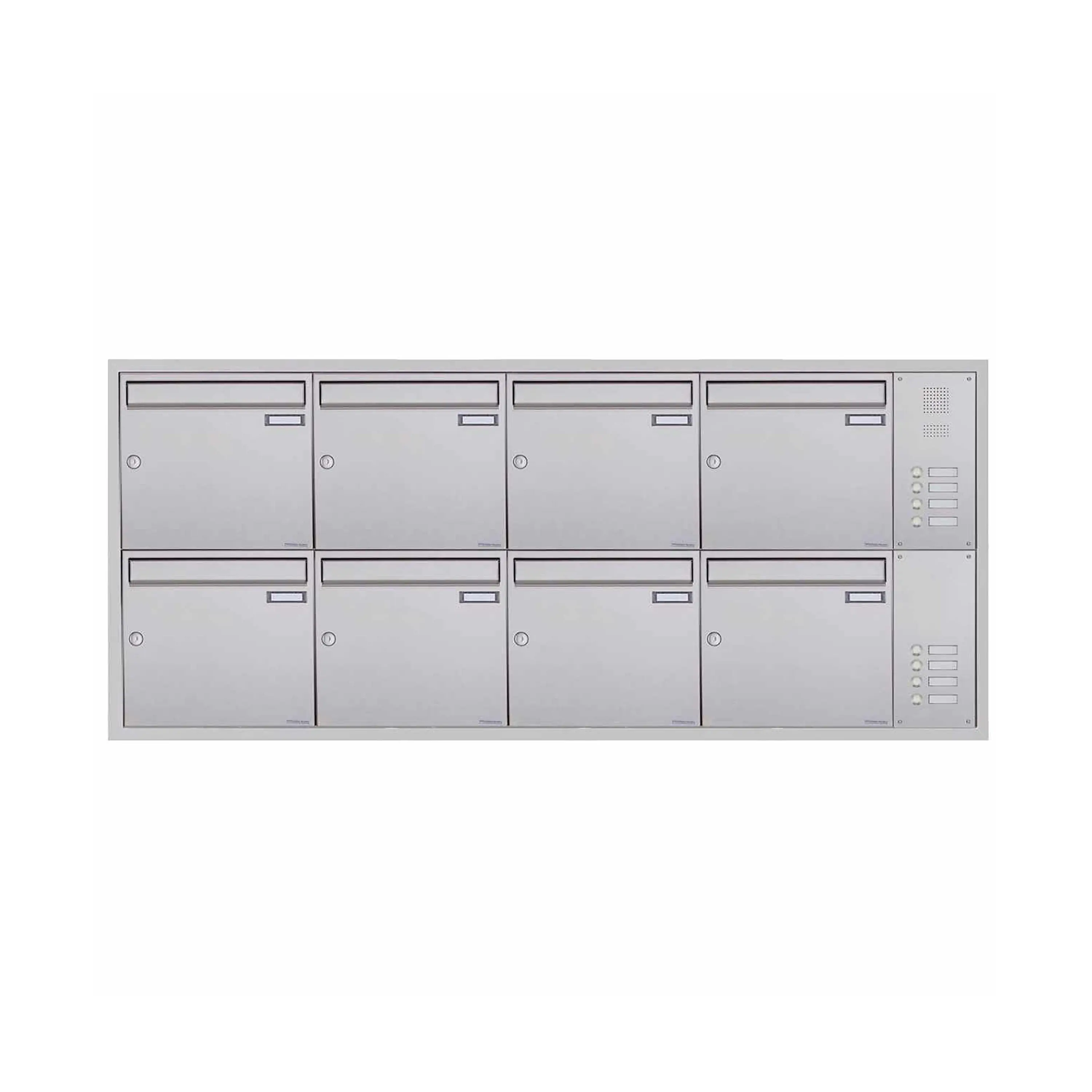 Briefkasten Manufaktur - 8er Edelstahl Unterputz Briefkastenanlage BASIC Plus 382XU UP mit Klingelkasten seitlich Rechts 100mm Tiefe