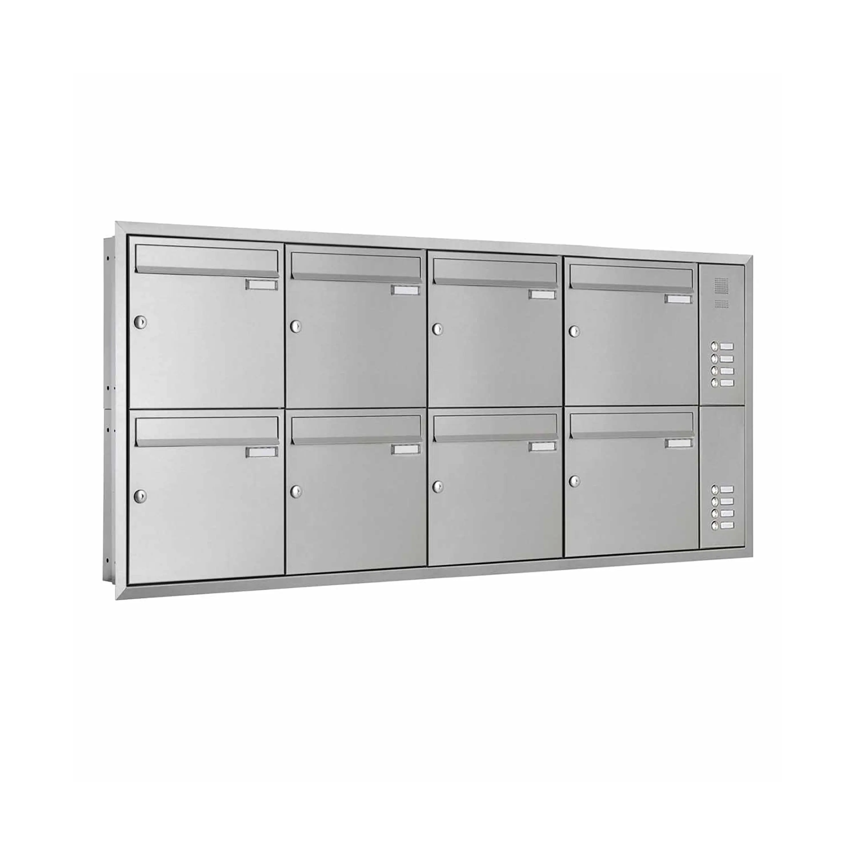 Briefkasten Manufaktur - 8er Edelstahl Unterputz Briefkastenanlage BASIC Plus 382XU UP mit Klingelkasten seitlich Rechts 100mm Tiefe