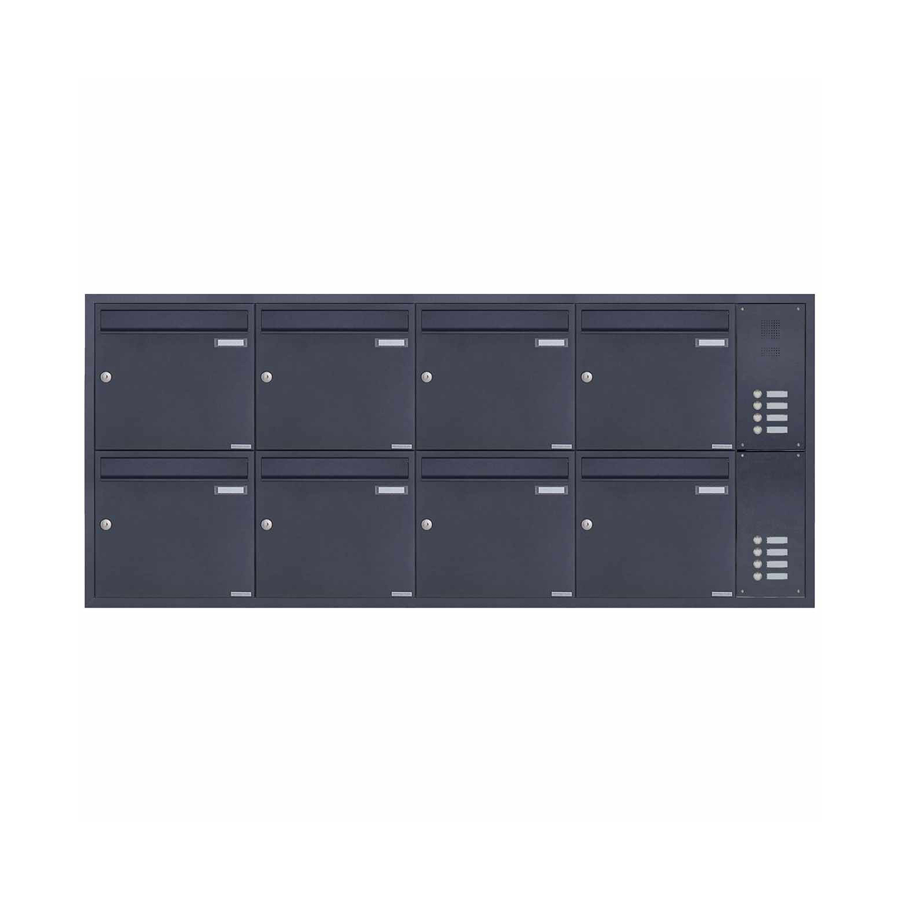 Display product 8pcs stainless steel flush-mounted letterbox BASIC Plus 382XU UP with bell box on the side - RAL colour right 100mm depth from manufacturer Briefkasten Manufaktur