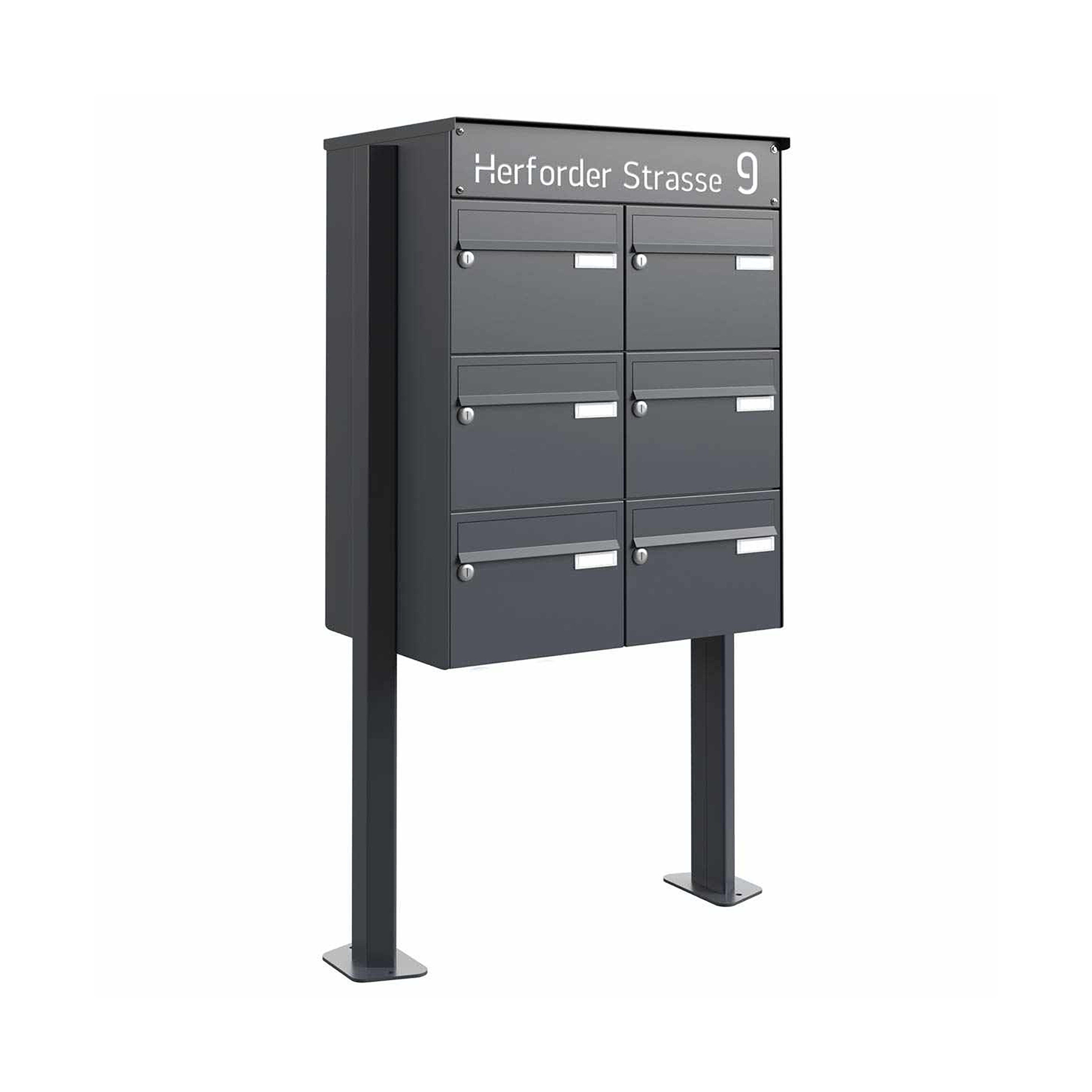 Display product 6er 2x3 letterbox system freestanding Design BASIC Plus 385XP ST-T - LED lettering - RAL colour from manufacturer Briefkasten Manufaktur