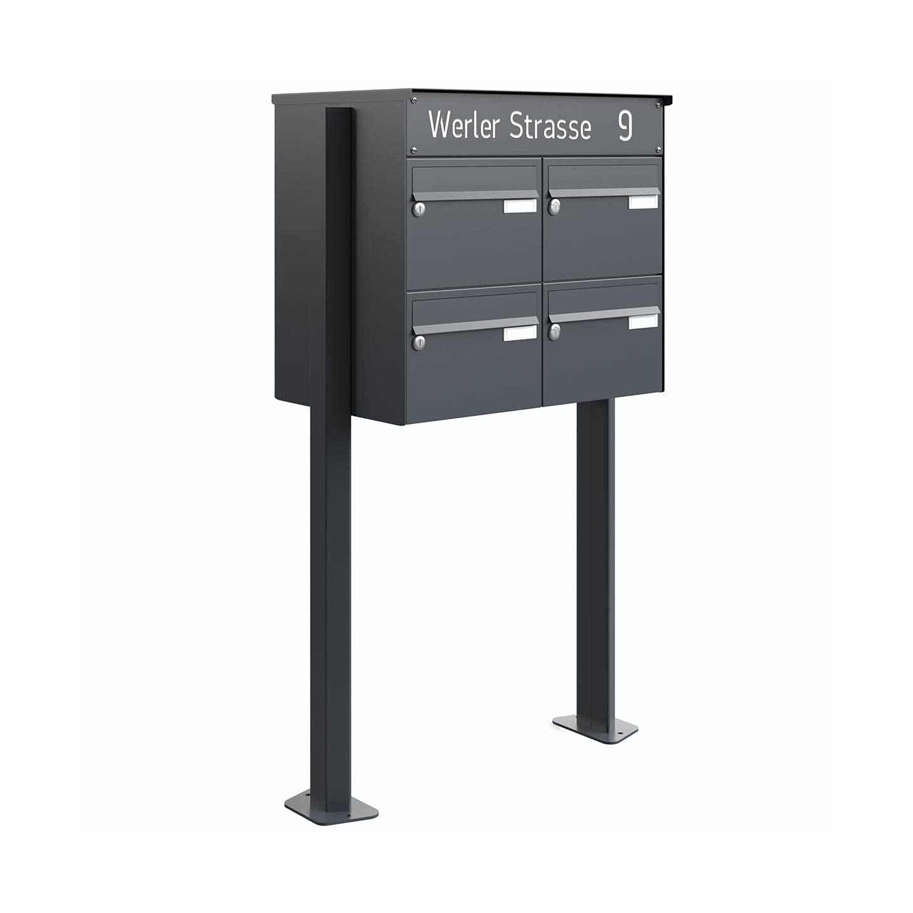 Display product 4 x 2x2 letterbox system free-standing Design BASIC Plus 385XP ST-T - LED lettering - RAL colour from manufacturer Briefkasten Manufaktur