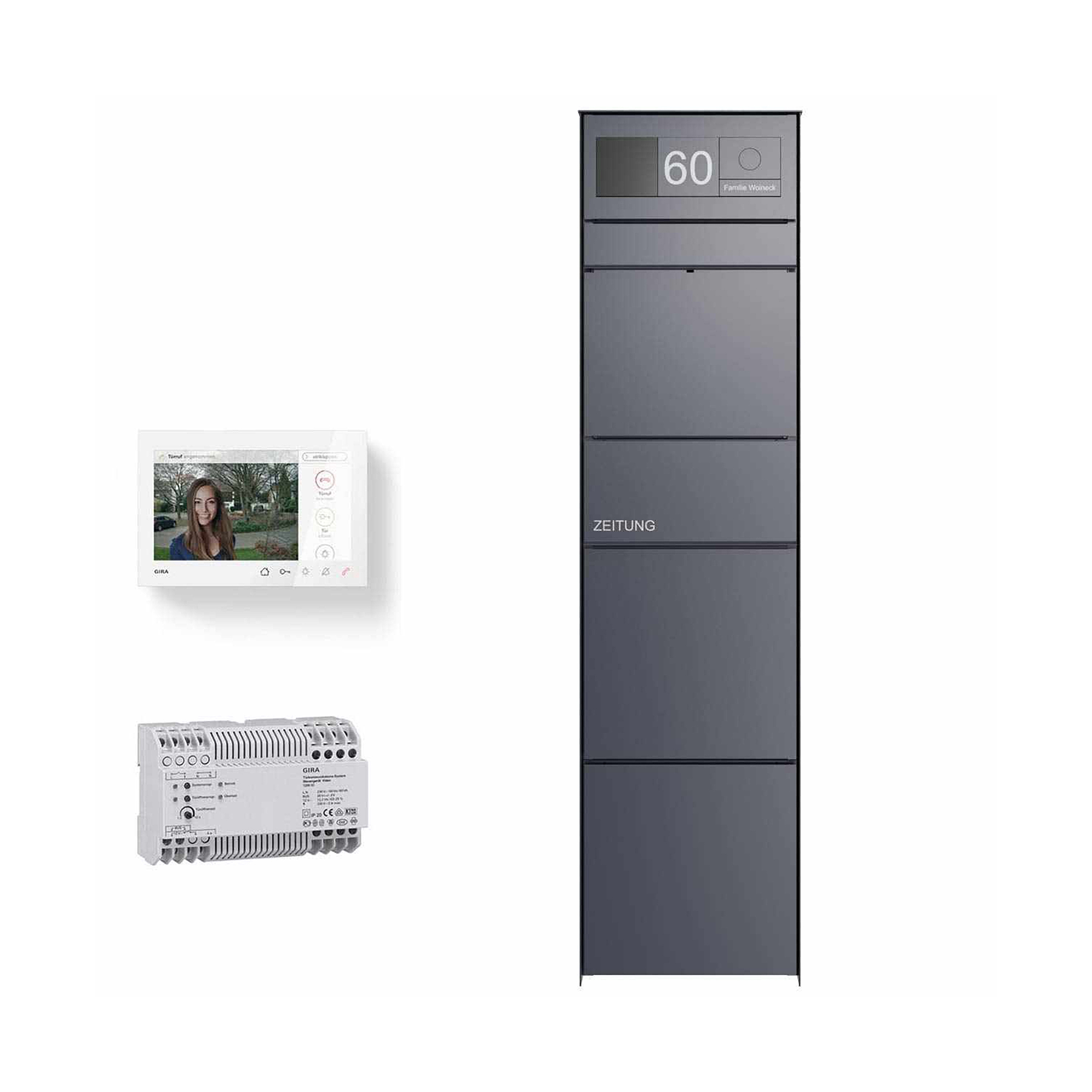 Display product Design letterbox pedestal GOETHE with newspaper compartment - RAL colour - GIRA System 106 - VIDEO complete set from manufacturer Briefkasten Manufaktur