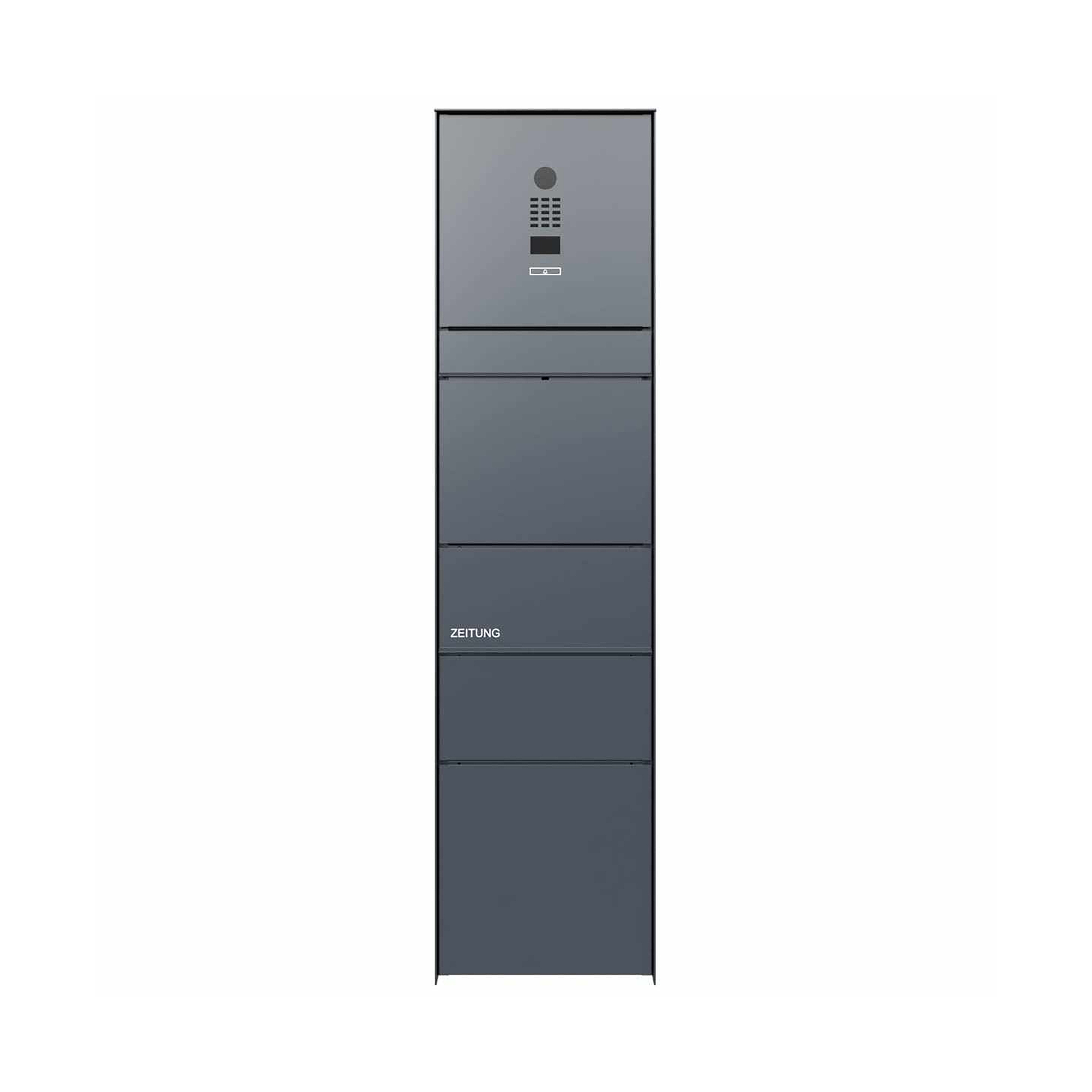 Display product Design mailbox pedestal GOETHE with newspaper compartment - RAL colour of your choice - DoorBird video intercom system from manufacturer Briefkasten Manufaktur