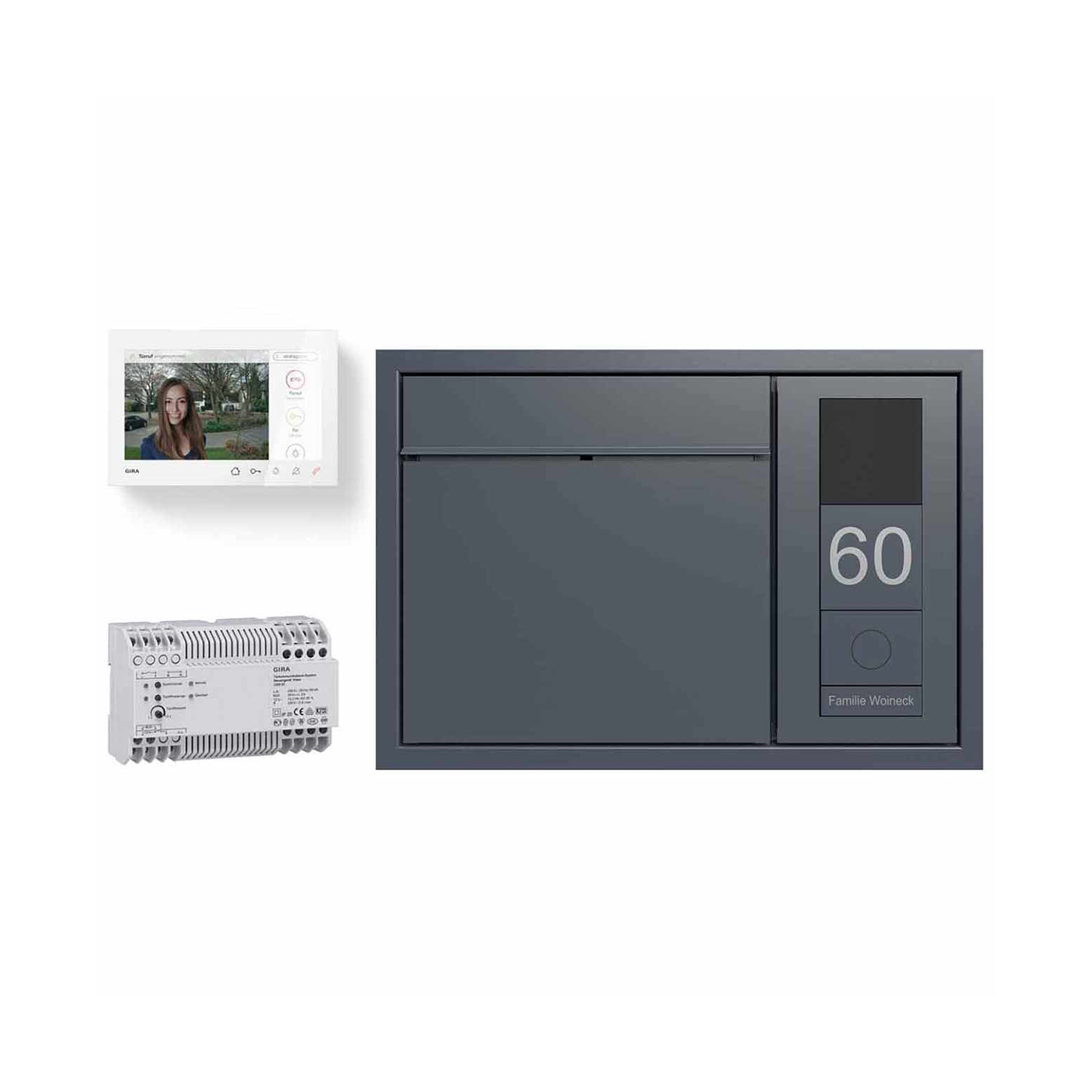 Display product Design flush-mounted letterbox GOETHE UP - RAL colour of choice - GIRA System 106 side - VIDEO complete set right from manufacturer Briefkasten Manufaktur