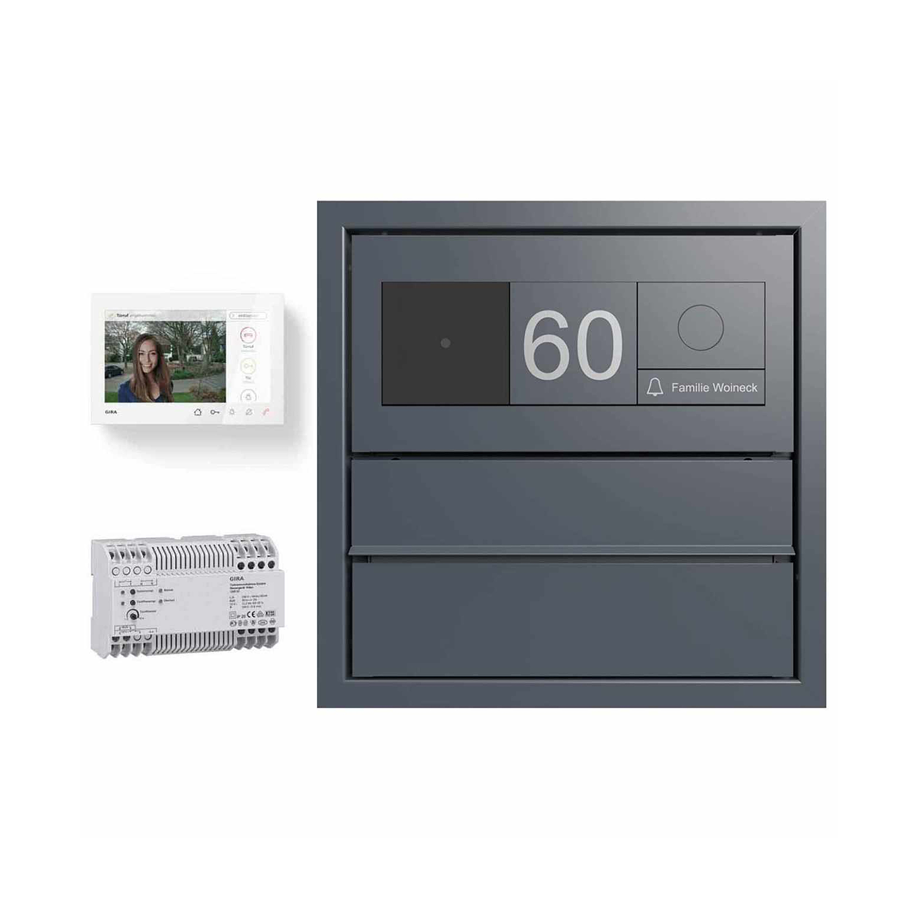 Display product Design pass-through letterbox GOETHE MDW - RAL as desired - GIRA System 106 - VIDEO complete set 300-390mm depth from manufacturer Briefkasten Manufaktur