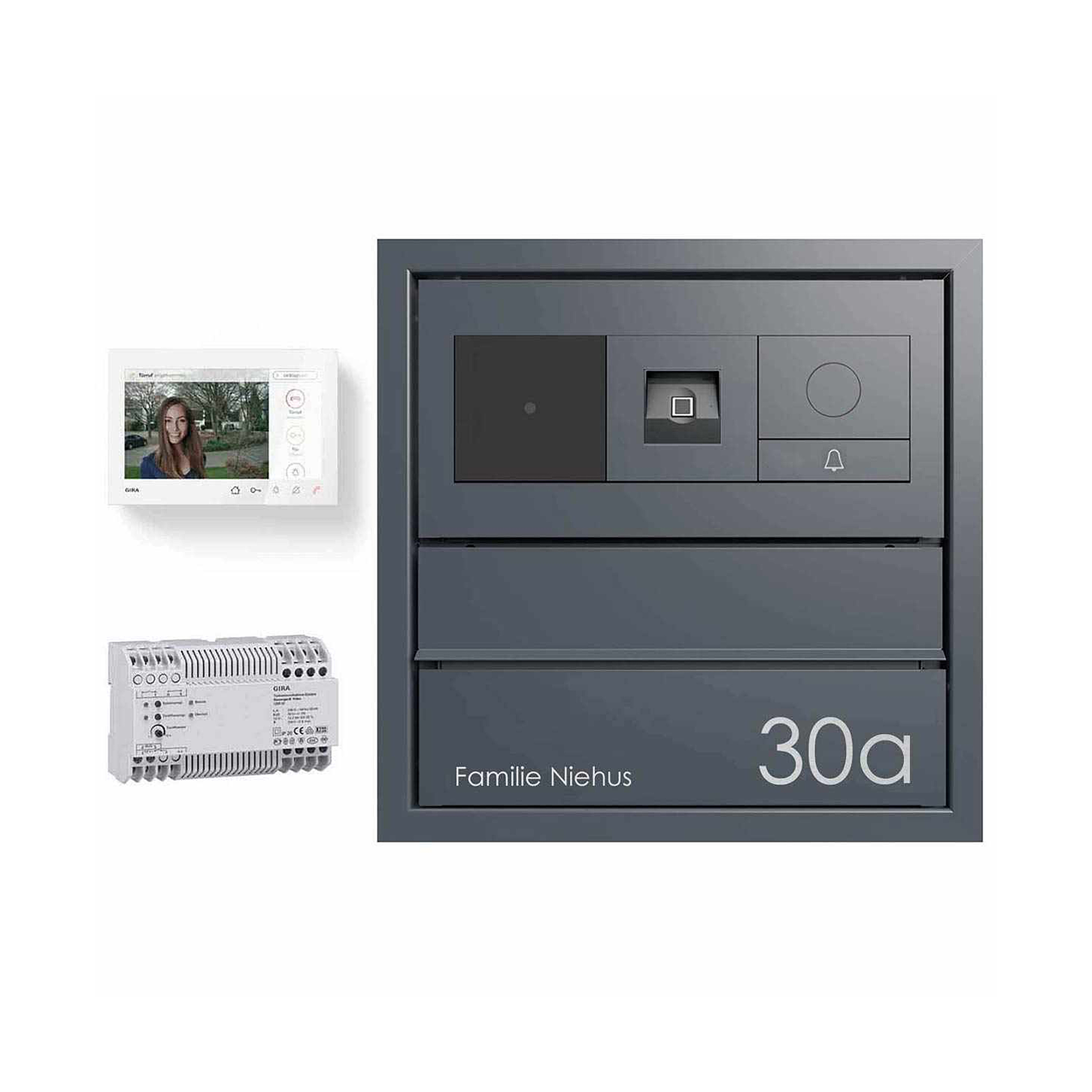 Display product Design pass-through letterbox GOETHE MDW - RAL colour - GIRA System 106 Keyless In - VIDEO complete set 300-390mm depth from manufacturer Briefkasten Manufaktur