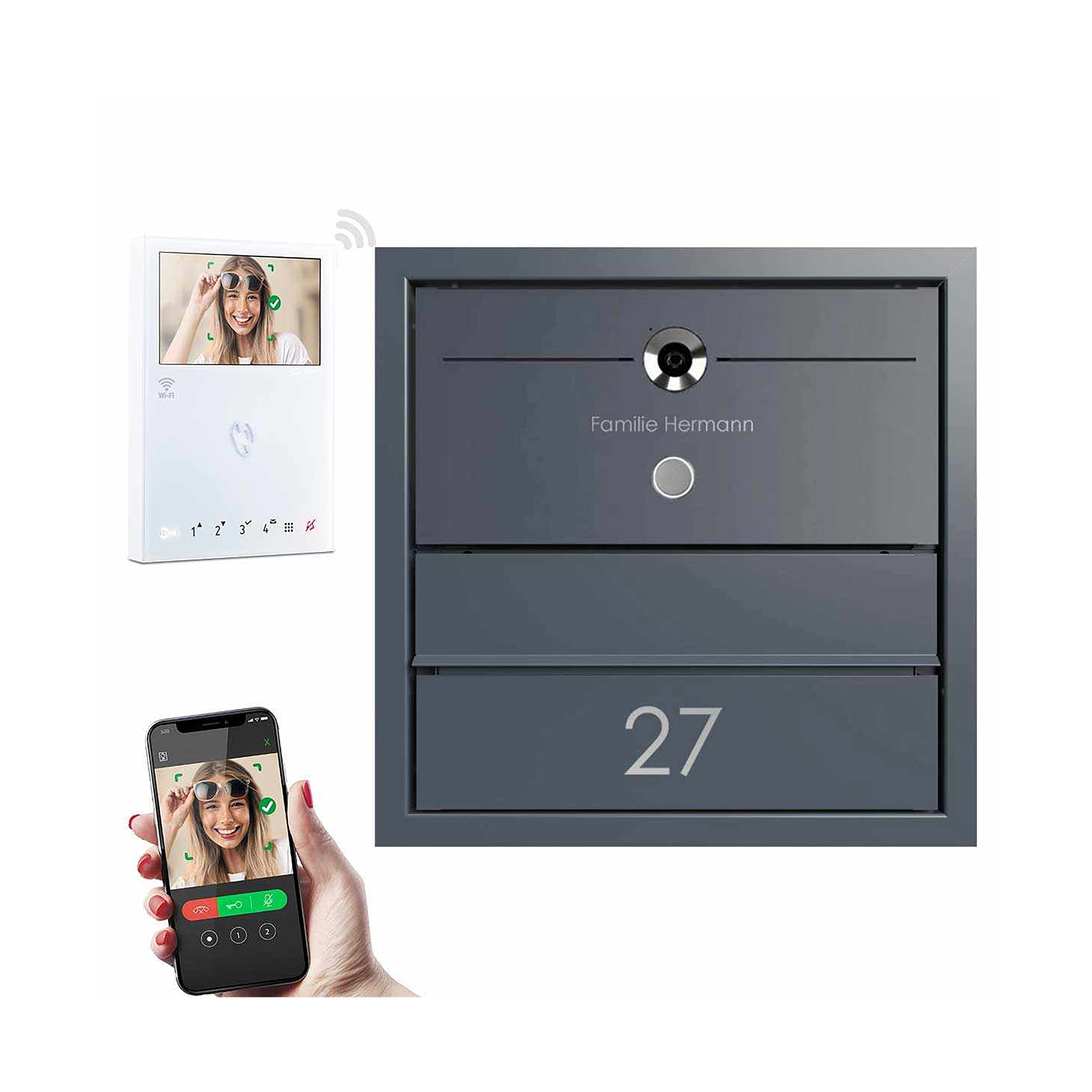 Display product Design pass-through letterbox GOETHE MDW - RAL of your choice - COMELIT Switch - VIDEO complete set Wifi 300-390mm depth from manufacturer Briefkasten Manufaktur