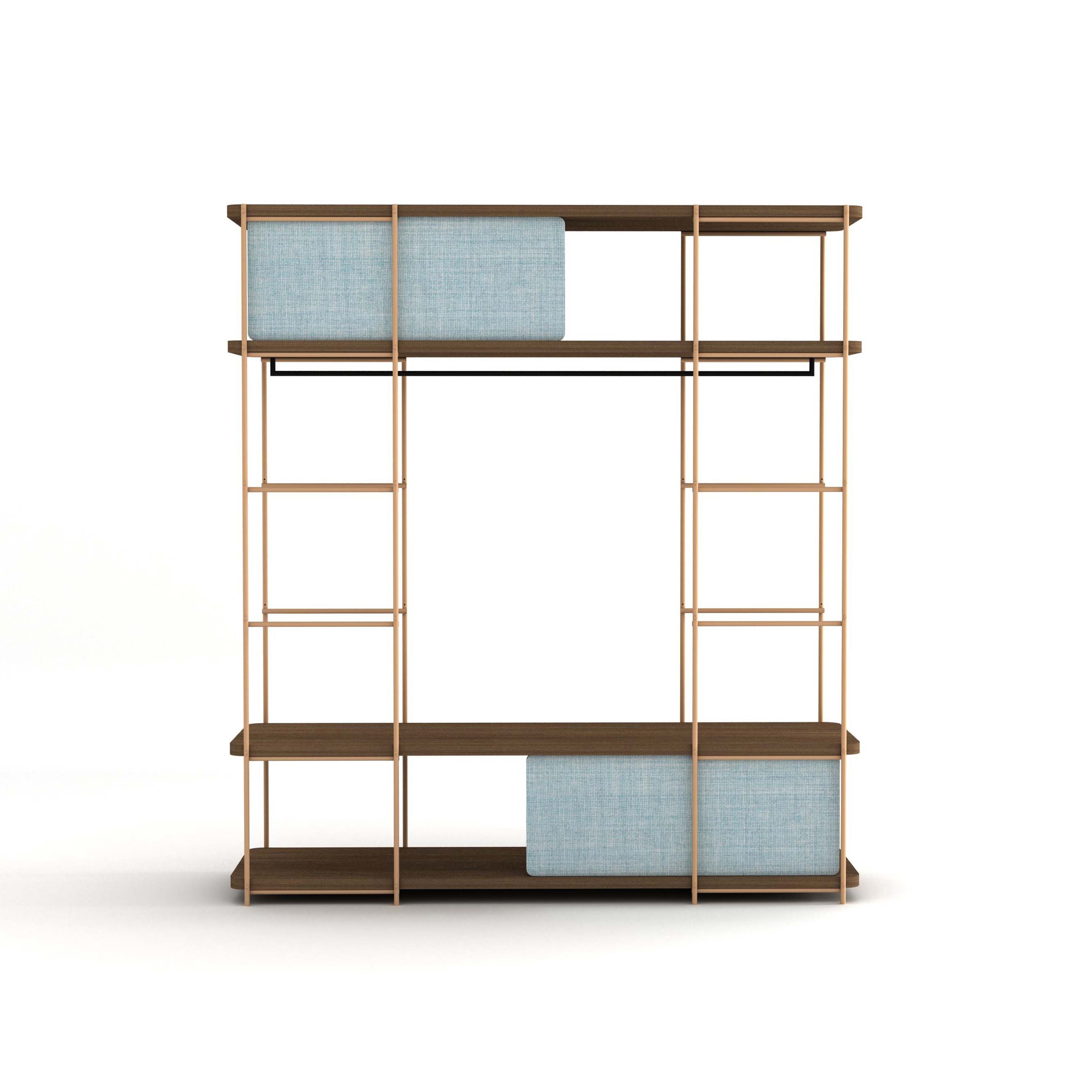 Display product Julia Dressing Room with black coat rack, upholstered panels and golden structure. from manufacturer Momocca