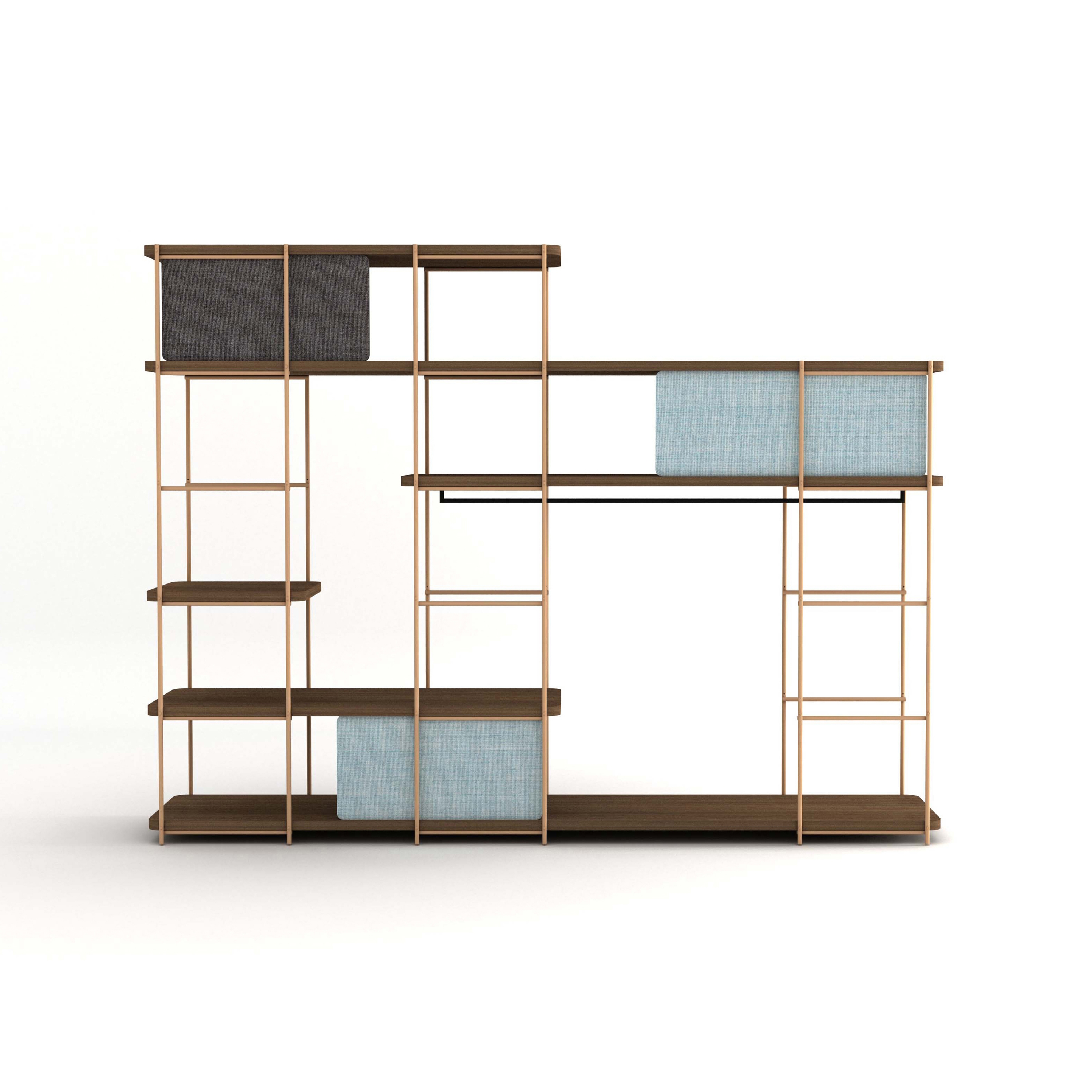 Modular dressing room by Julia Collection with black coat rack, fixed and sliding pannels.