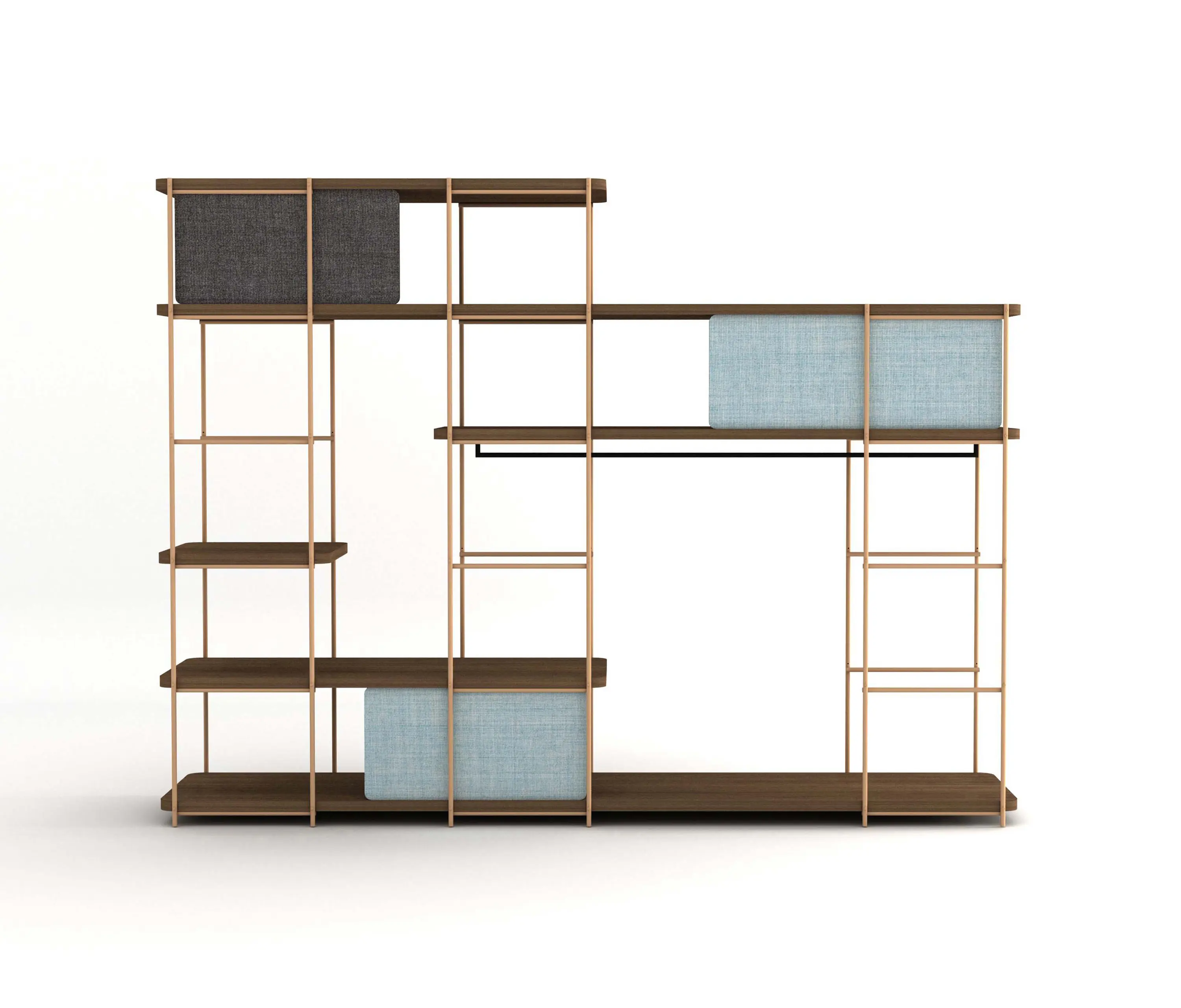 Momocca - Modular dressing room by Julia Collection with black coat rack, fixed and sliding pannels.