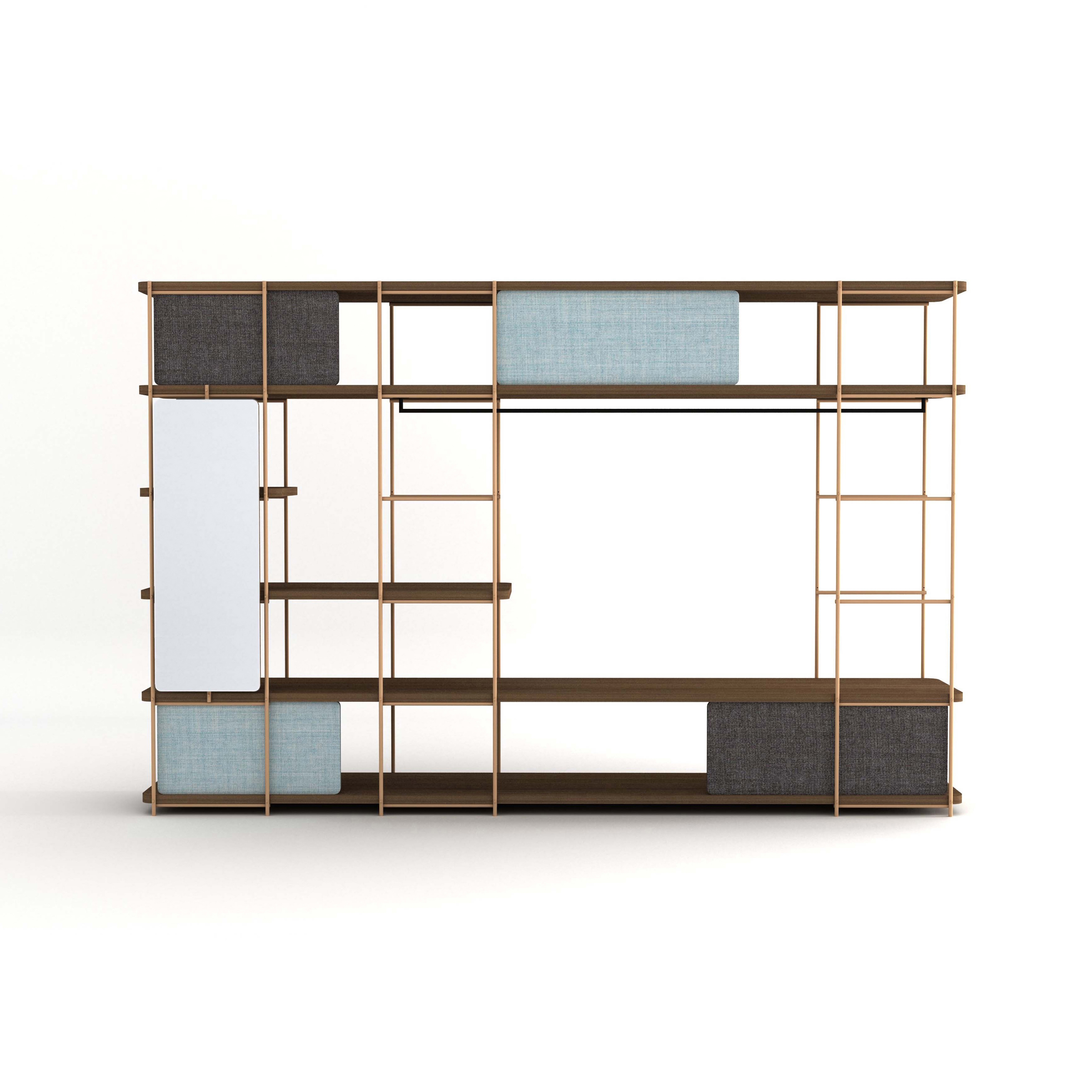 Mostra il prodotto Modular dressing room by Julia Collection with black coat rack, fixed and sliding pannels, and mirror. del produttore Momocca