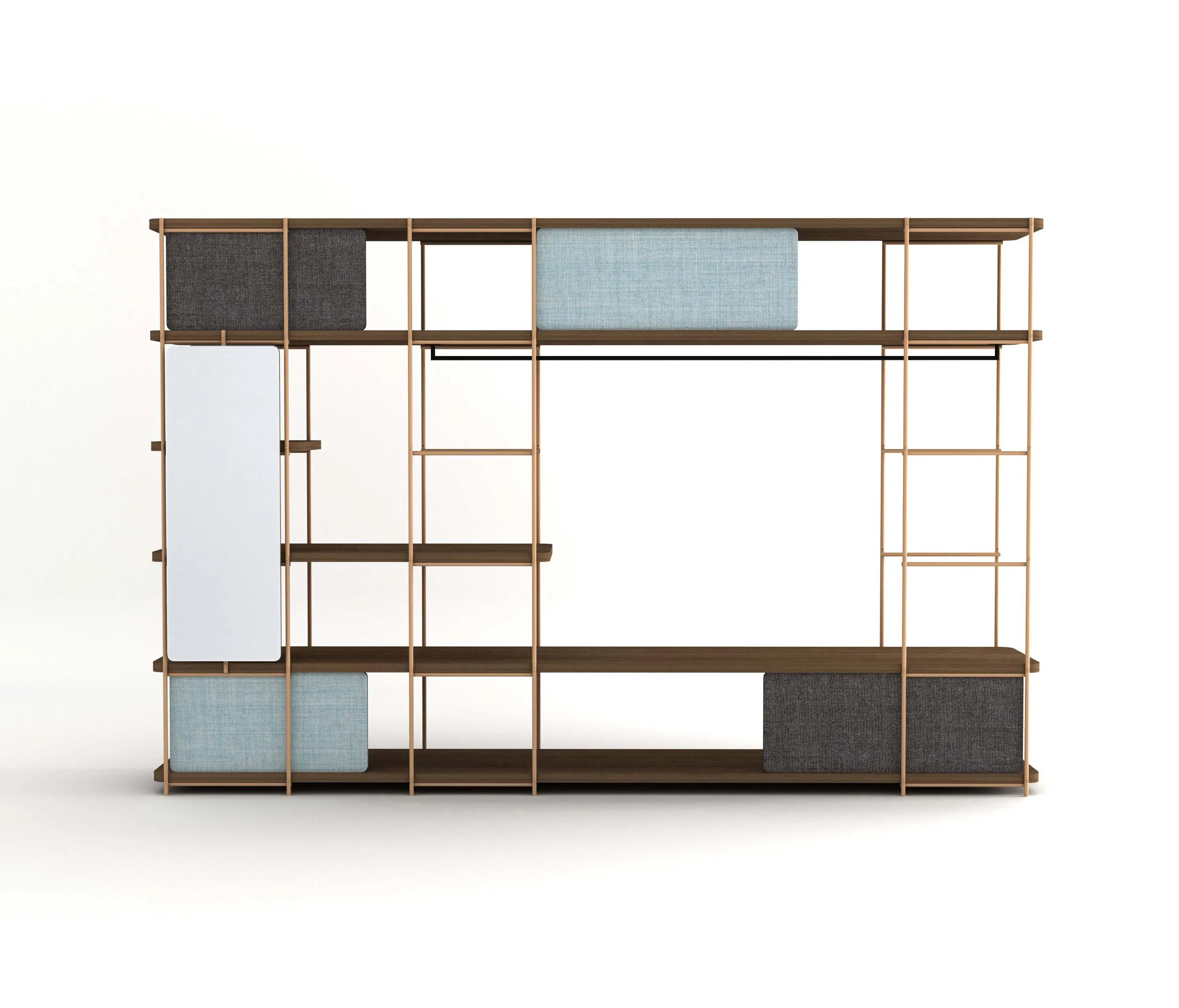 Momocca - Modular dressing room by Julia Collection with black coat rack, fixed and sliding pannels, and mirror.