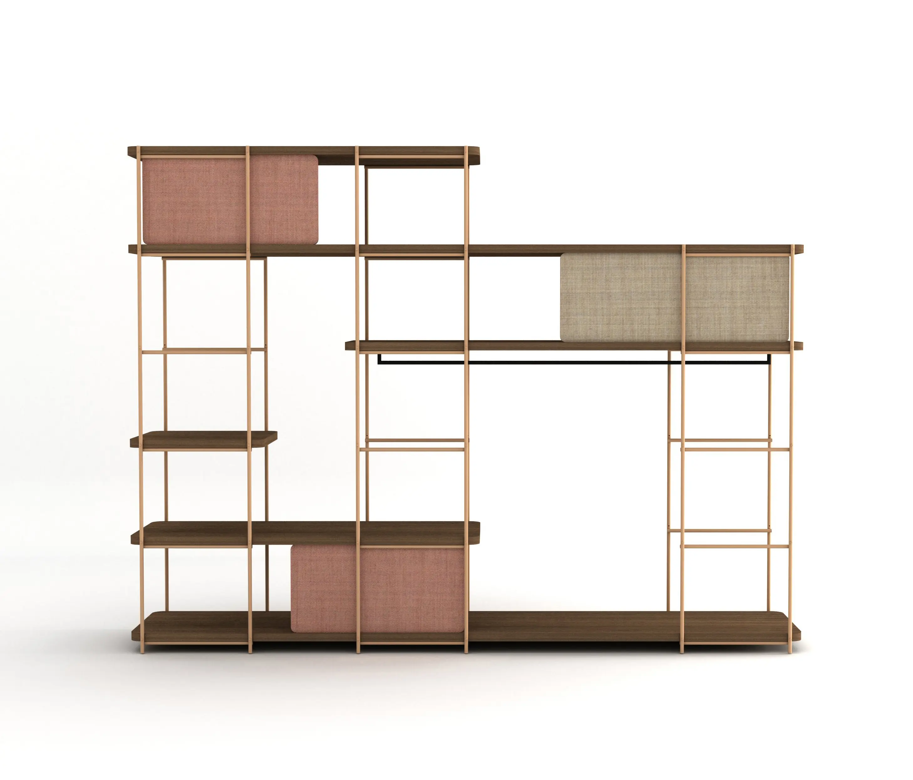 Momocca - Modular dressing room by Julia Collection with black coat rack, fixed and sliding pannels.