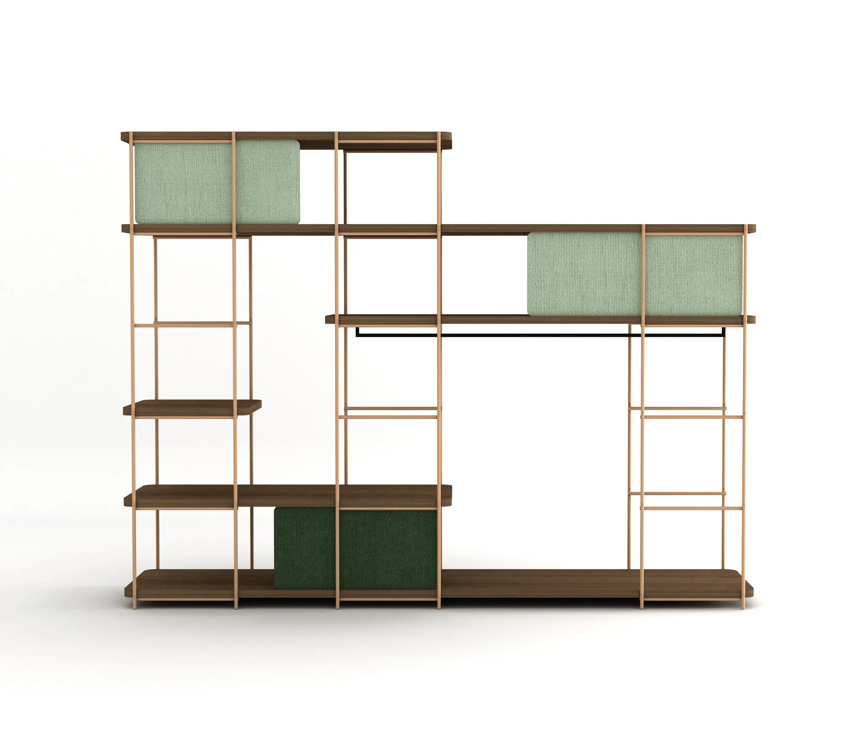 Momocca - Modular dressing room by Julia Collection with black coat rack, fixed and sliding pannels.