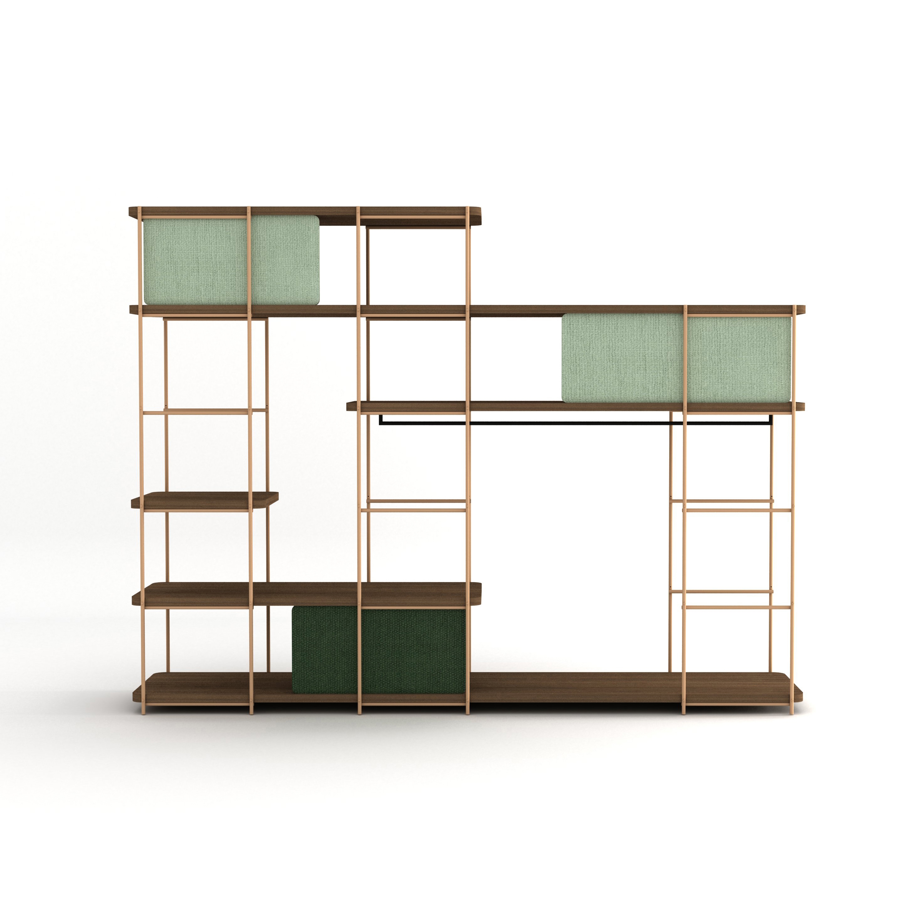 Modular dressing room by Julia Collection with black coat rack, fixed and sliding pannels.