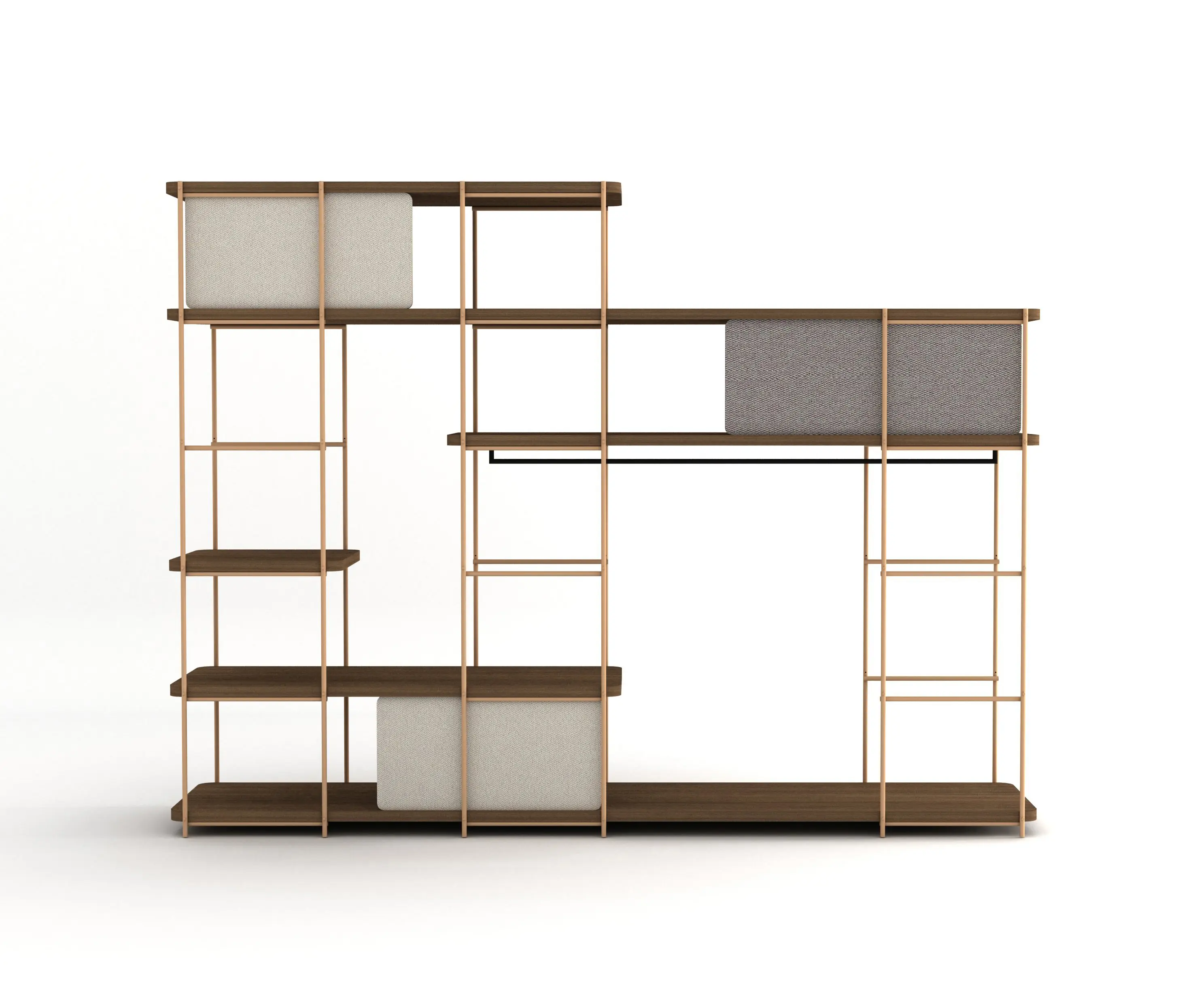 Momocca - Modular dressing room by Julia Collection with black coat rack, fixed and sliding pannels.