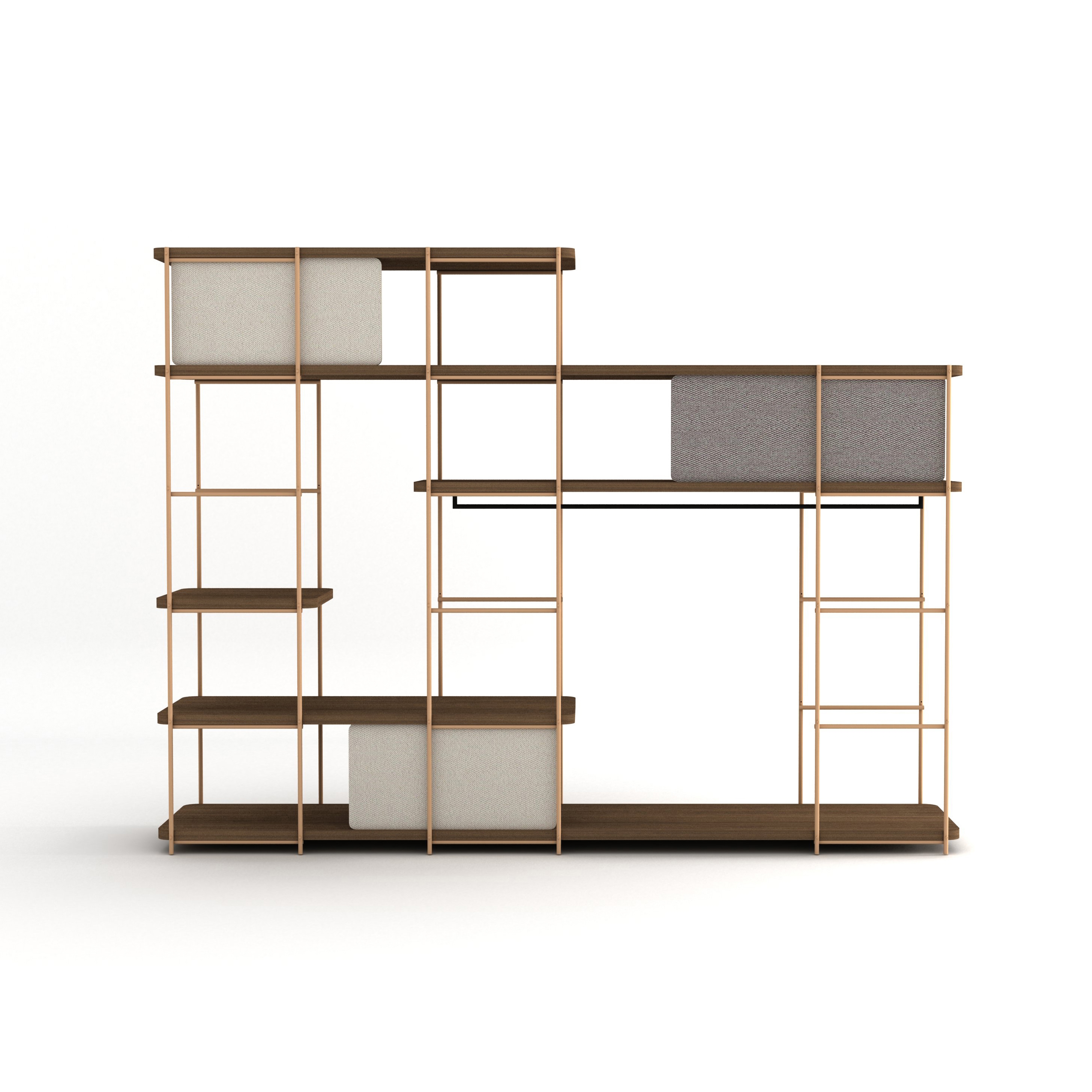 Modular dressing room by Julia Collection with black coat rack, fixed and sliding pannels.