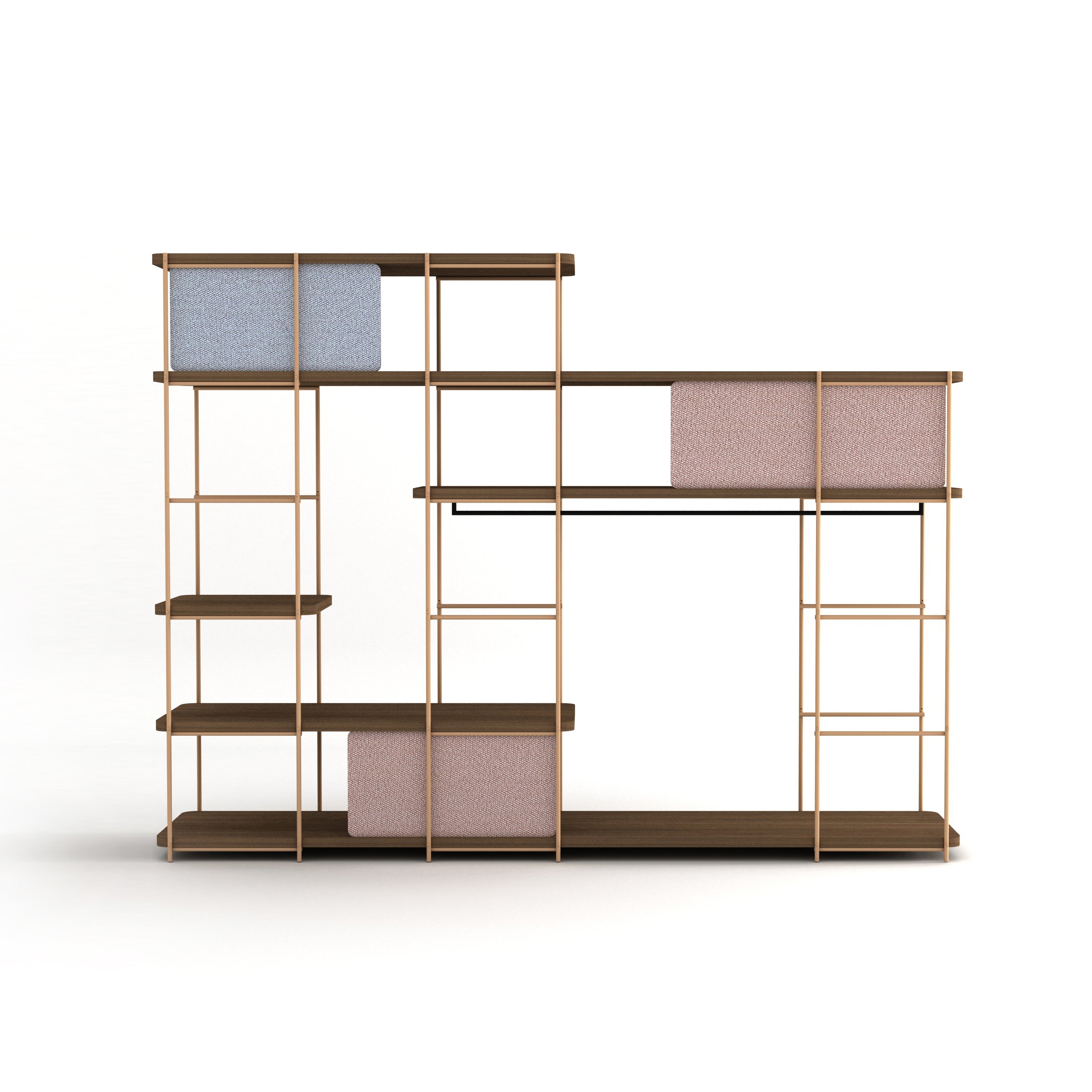 Modular dressing room by Julia Collection with black coat rack, fixed and sliding pannels.