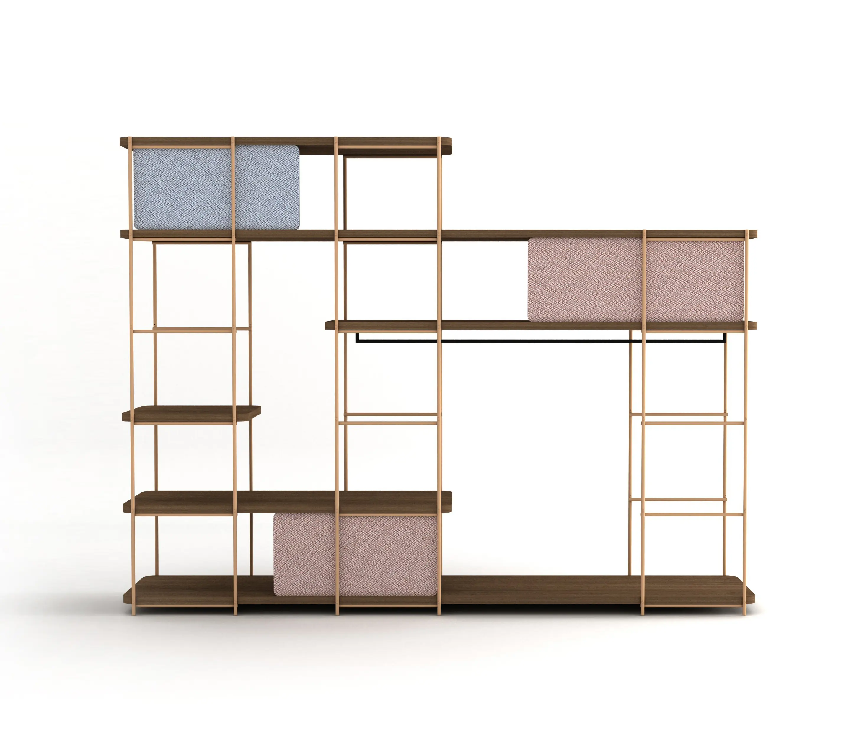 Momocca - Modular dressing room by Julia Collection with black coat rack, fixed and sliding pannels.